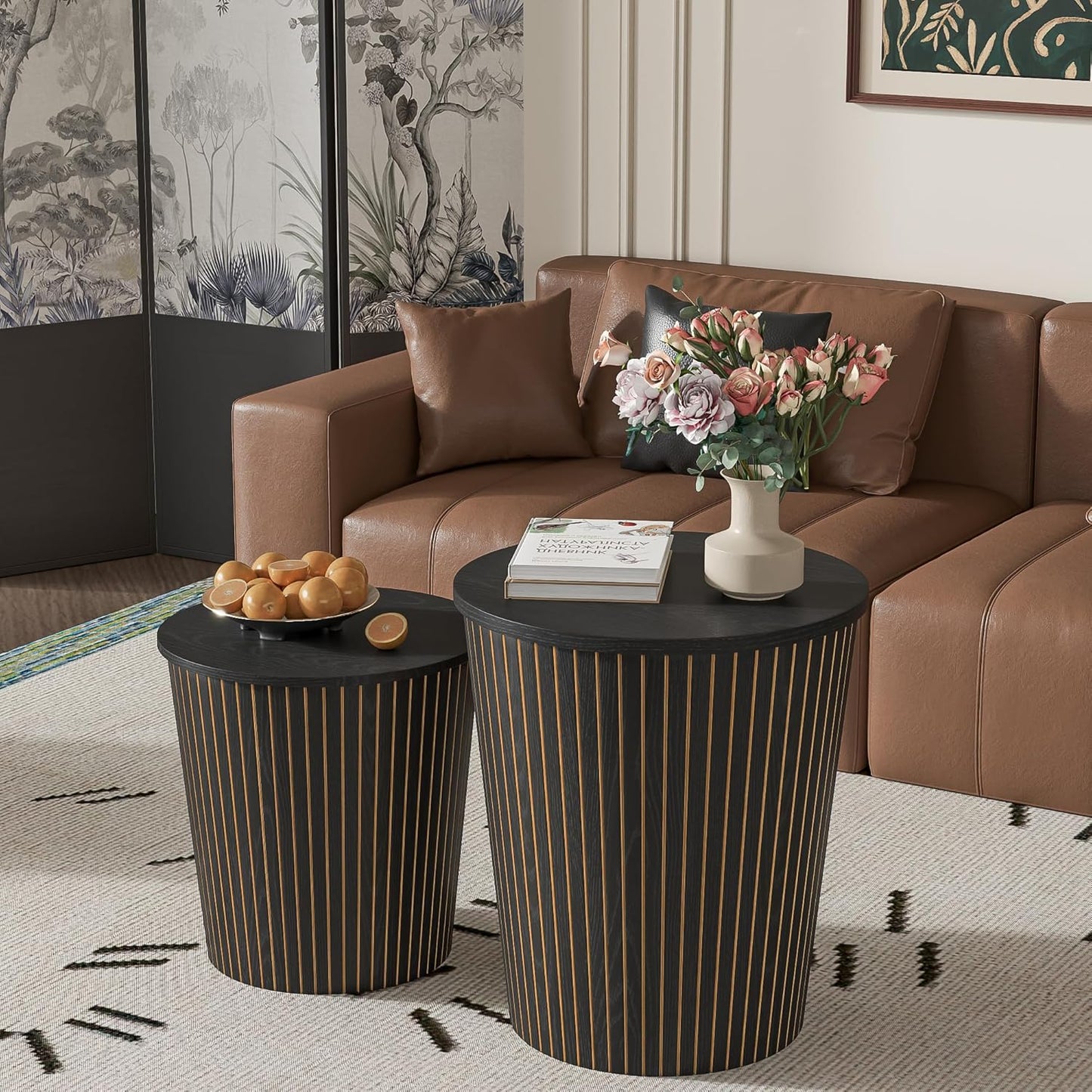 Round Coffee Table Set,2-Piece Modern Farmhouse Living Room End Table Set, Nesting Table Round Natural Finish for Living Room (Black, 17.72'')