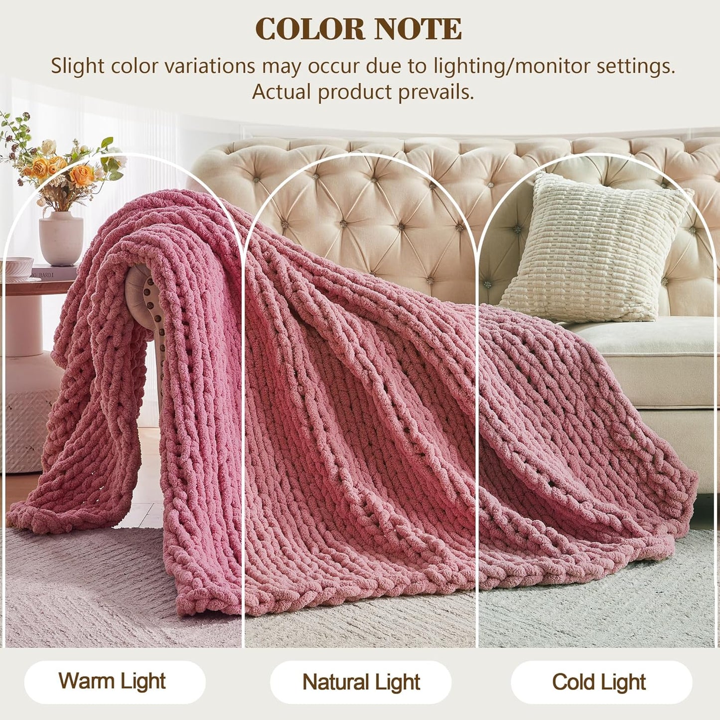 Carriediosa Chunky Knit Throw Blanket 60" X 80" Twin, 100% Hand Made Large Chenille Loop Yarn Soft Fluffy Throws for Couch Sofa Bed, Big Crochet Cozy Heavy Thick Cable Woven Blanket, Mauve