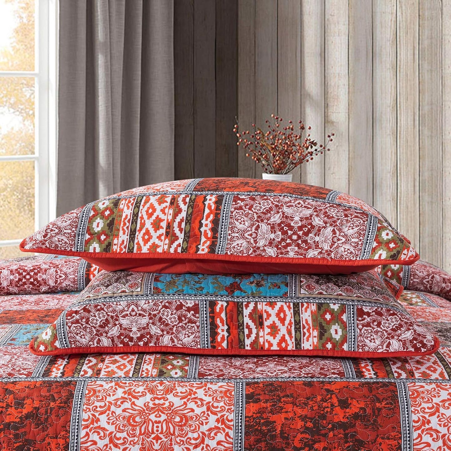 NEWLAKE Cotton Bedspread Quilt Sets-Reversible Patchwork Coverlet Set, Mediterranean Classic Bohemian Pattern,King Size