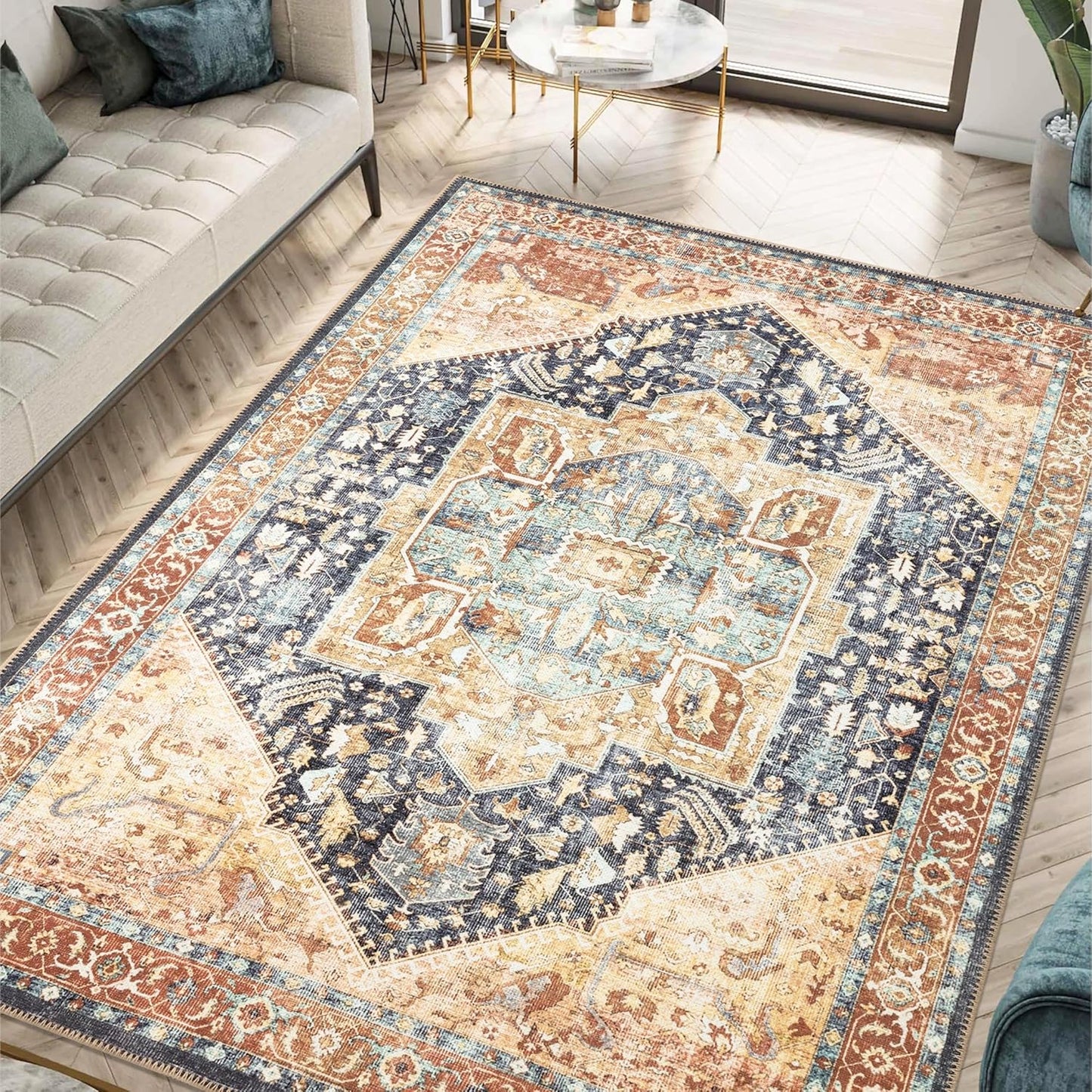 Keen Home Design 10x14 Rug - Machine Washable Area Rug with Non-Slip Backing, Ideal for Living Room, Dining Room, Bedroom - Vintage, Easy Clean, Durable, Low Pile Rug - (9'7" x 14')