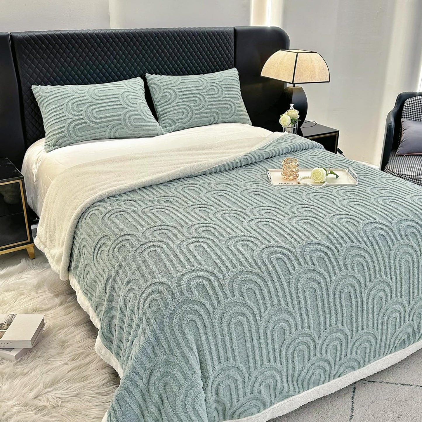 UKELER Arch Sherpa Throw Blanket 60 × 80 inch,Sherpa Fleece Blanket for All Season, Warm and Cozy Blankets for Bed Couch Sofa Office Camping, Light Green