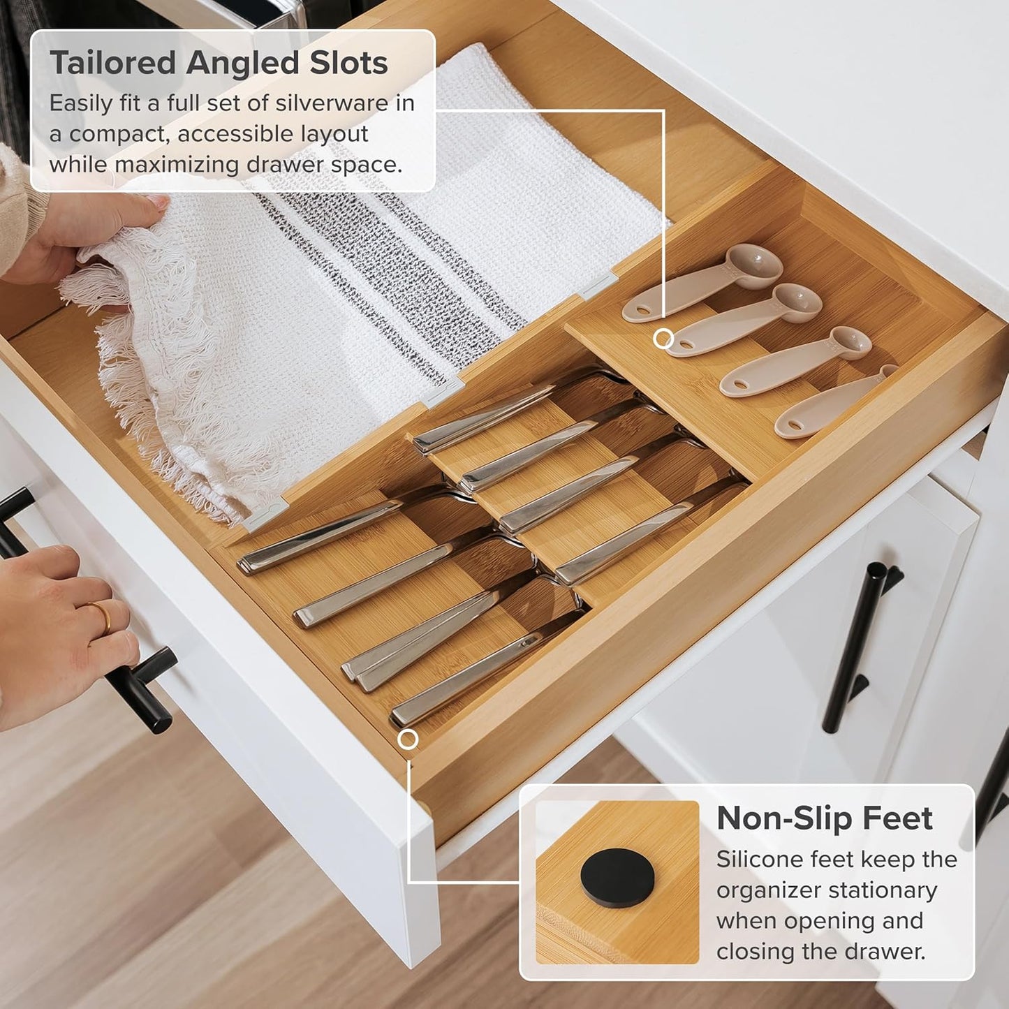 Premium Cutlery, Flatware, and Silverware Drawer Organizer – Slanted 3-Compartment Design with Labeled Slots, Non-Slip Feet, 100% Sustainable Bamboo