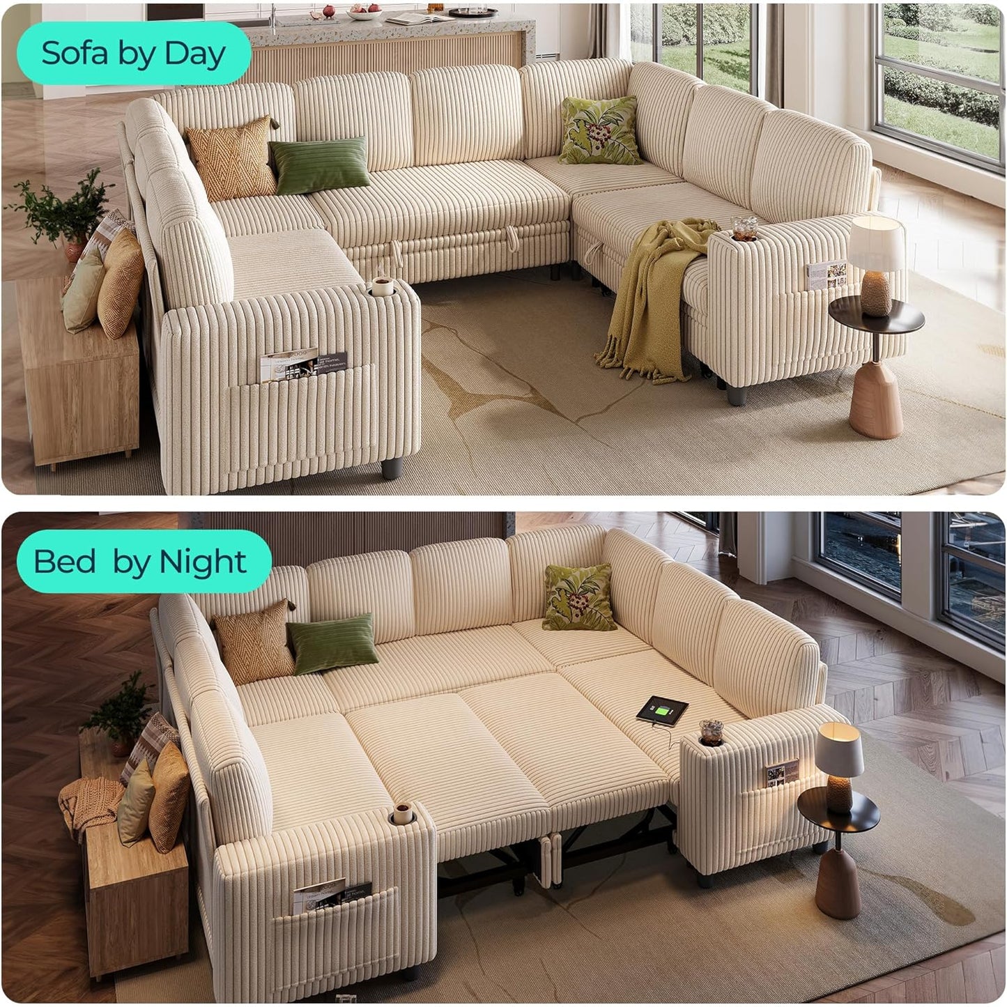 LINSY HOME Sectional Sleeper Sofa with Pull Out Couch Bed - Convertible Plush Corduroy Cloud Couch with Storage Chaise & USB Charging, Comfy Modular Couches for Living Room, Beige