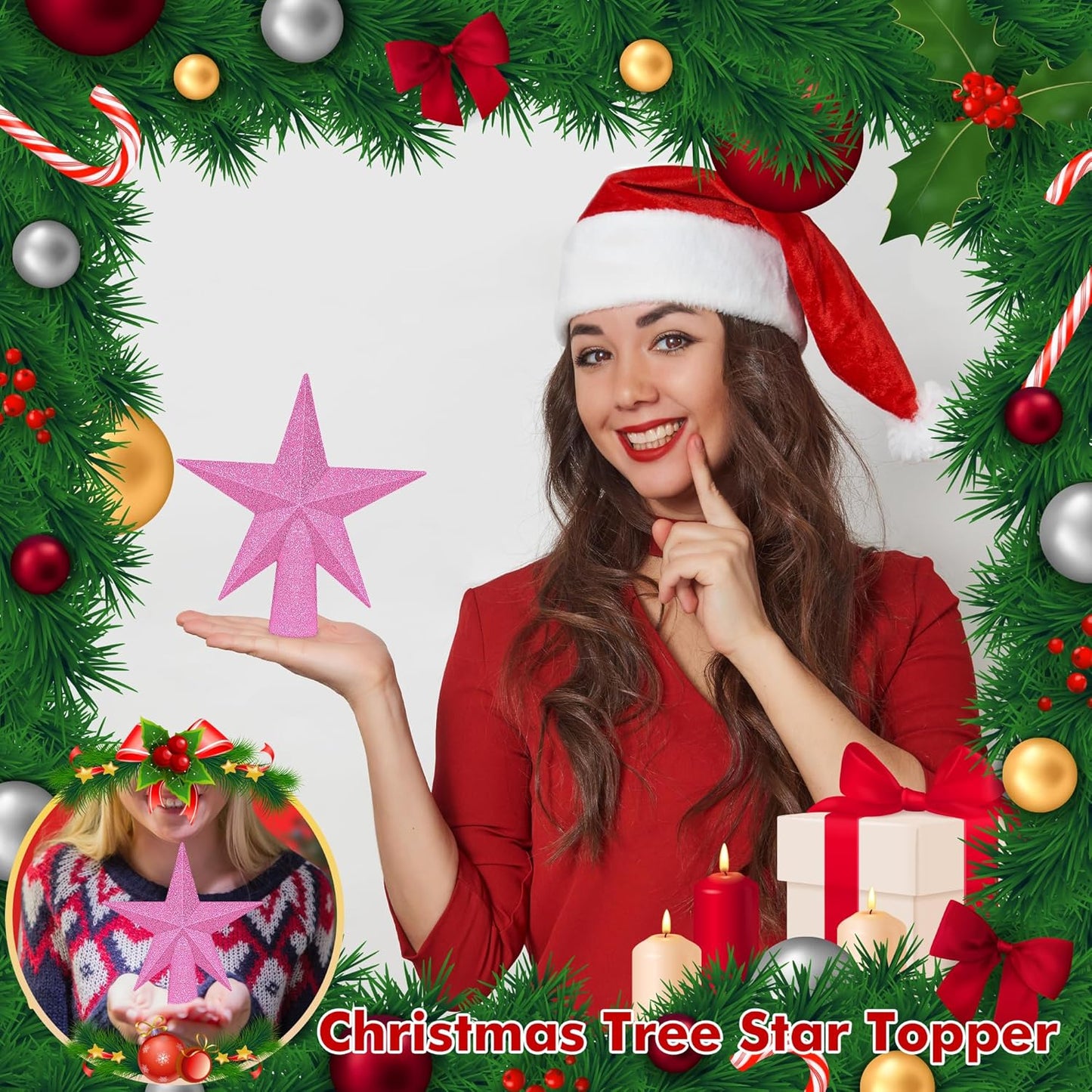 Christmas Tree Decoration, 6" Pink Christmas Tree Topper Star Accessories, Xmas Glitter 3D Bethlehem Tree Ornament, Waterproof Holiday Christmas Tree Topper Star Decorations for Home Indoor Outdoor