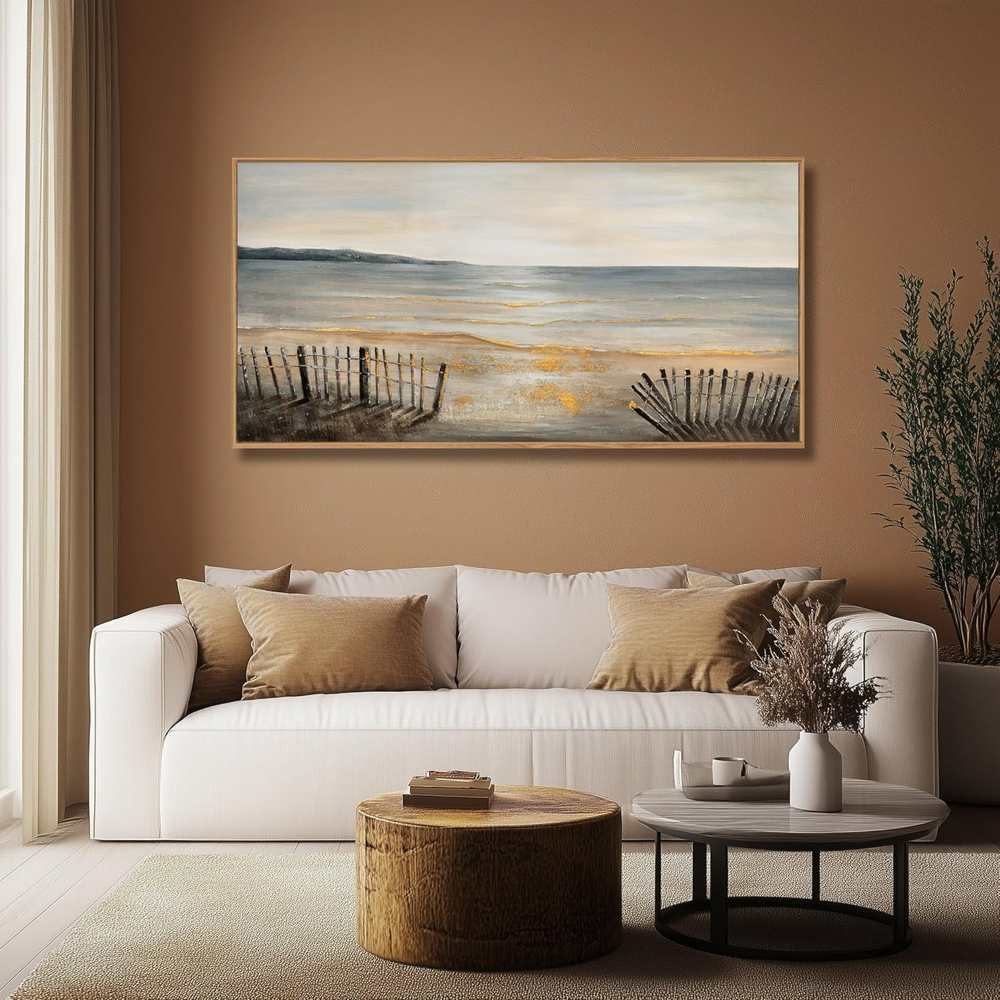 Yuaxker Ocean Wall Art Grey and Black Wall Decor Framed Canvas Painting Beach Aesthetic Artwork for Living Room Bedroom Dining Room Office Home Decor 24x48 Inch