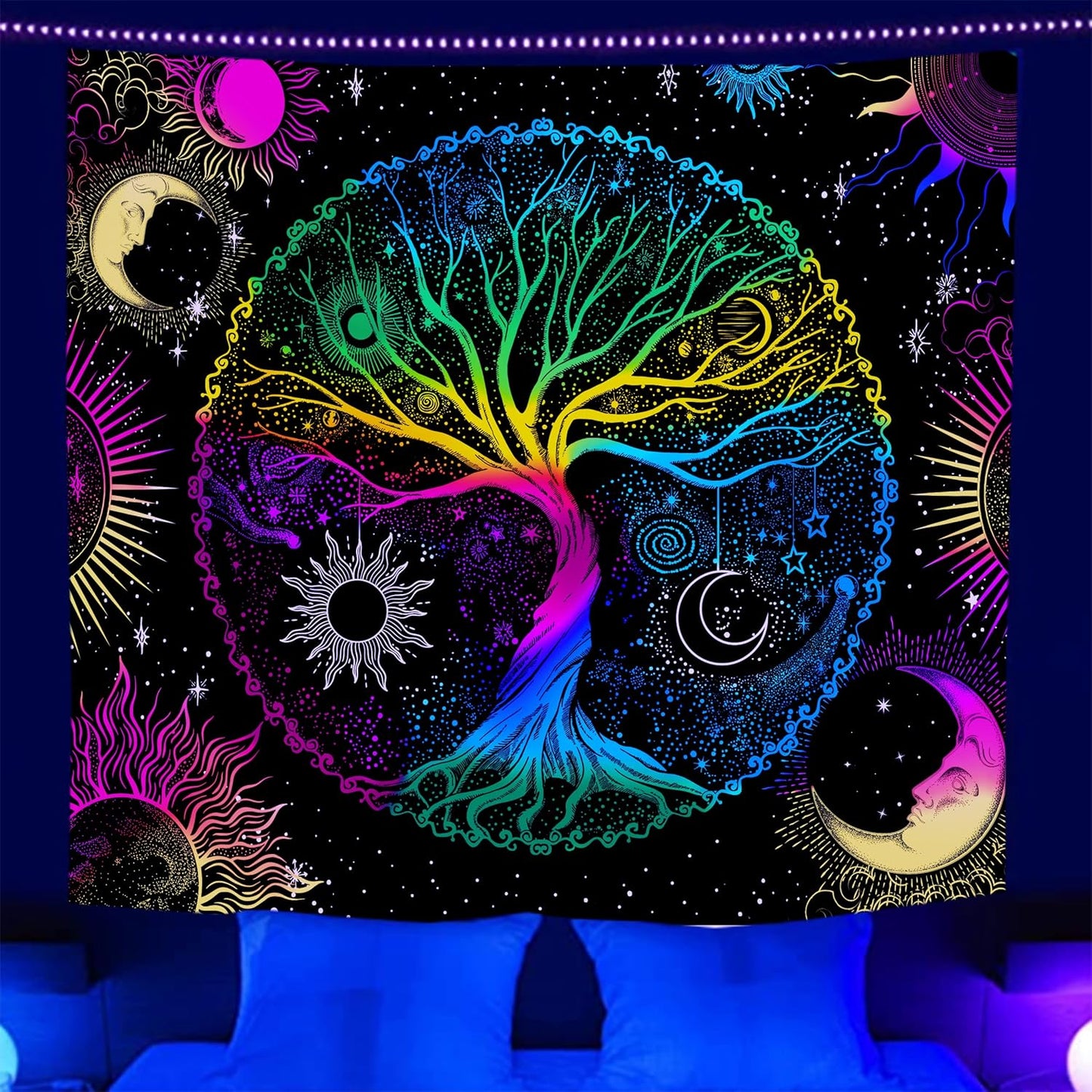 AACKart Blacklight Tapestry for Bedroom - Spiritual Tree of Life Wall Tapestry Glow in the Dark Wall Hanging 90.5 x 70.8 inches