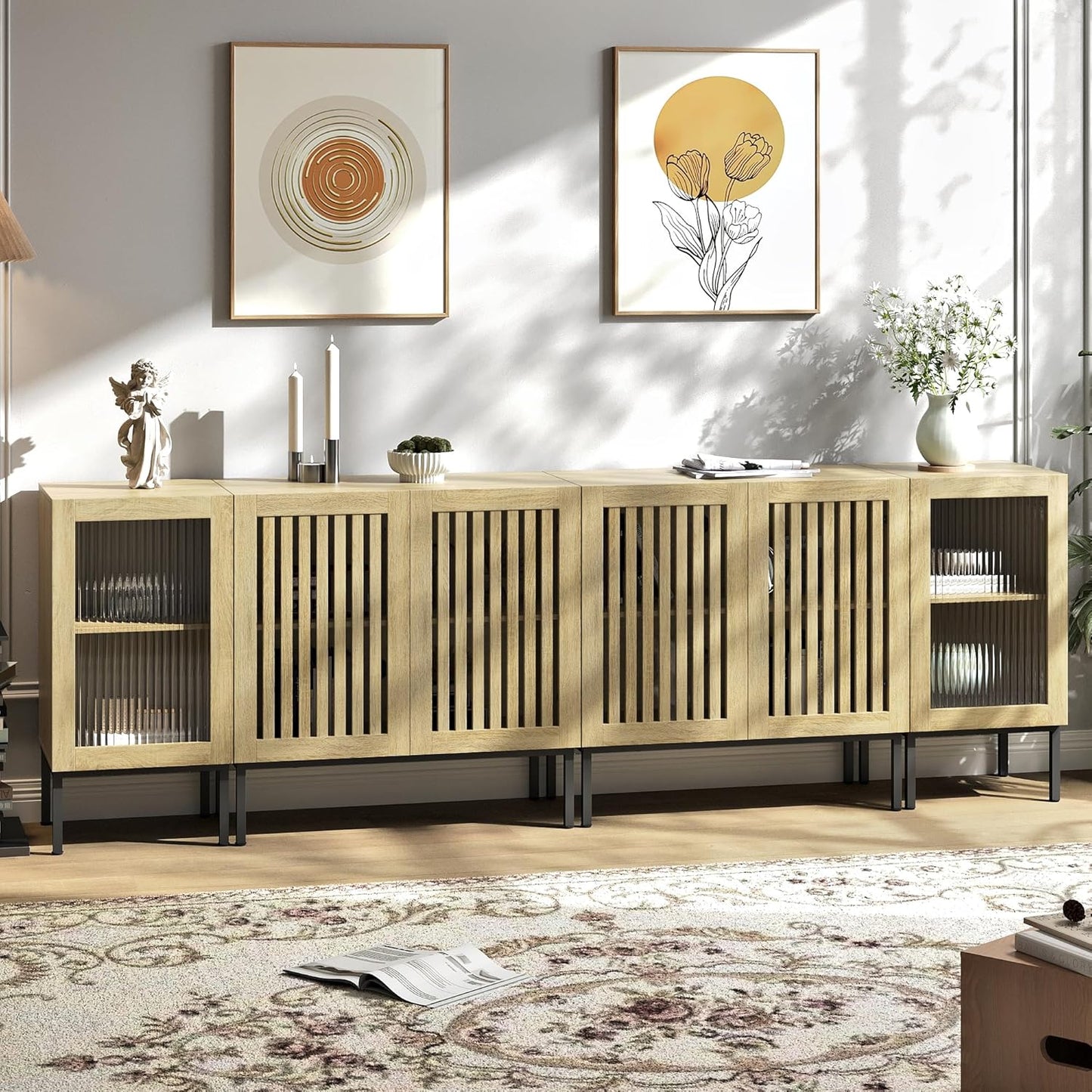 Farmhouse TV Stand for TVs up to 100 Inch, Entertainment Center TV Console with Storage Cabinets and Glass Doors,Media Console for Living Room,Oak