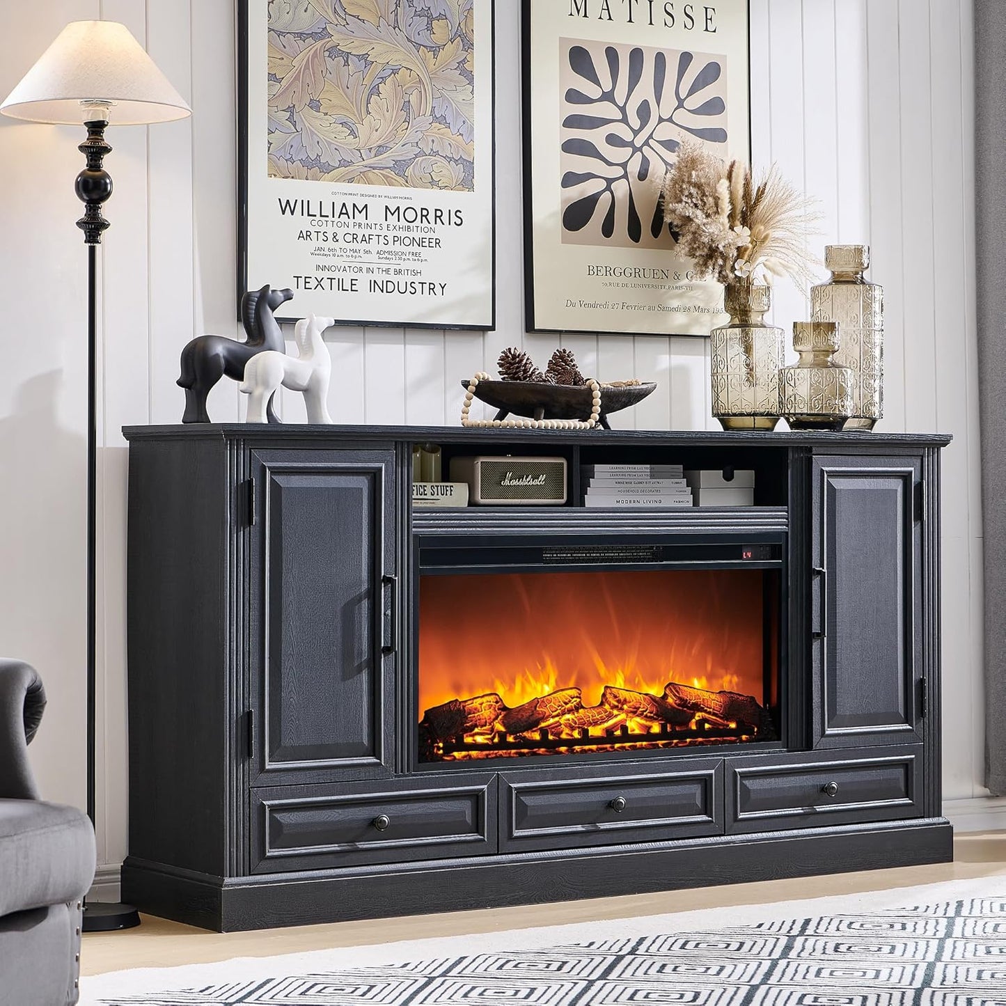 Fireplace TV Stand for 80 Inch TV, 35.7" Tall Farmhouse Entertainment Center W/36'' Electric Fireplace, Media Console with Large Storage Cabinets and Drawers for Living Room, Black