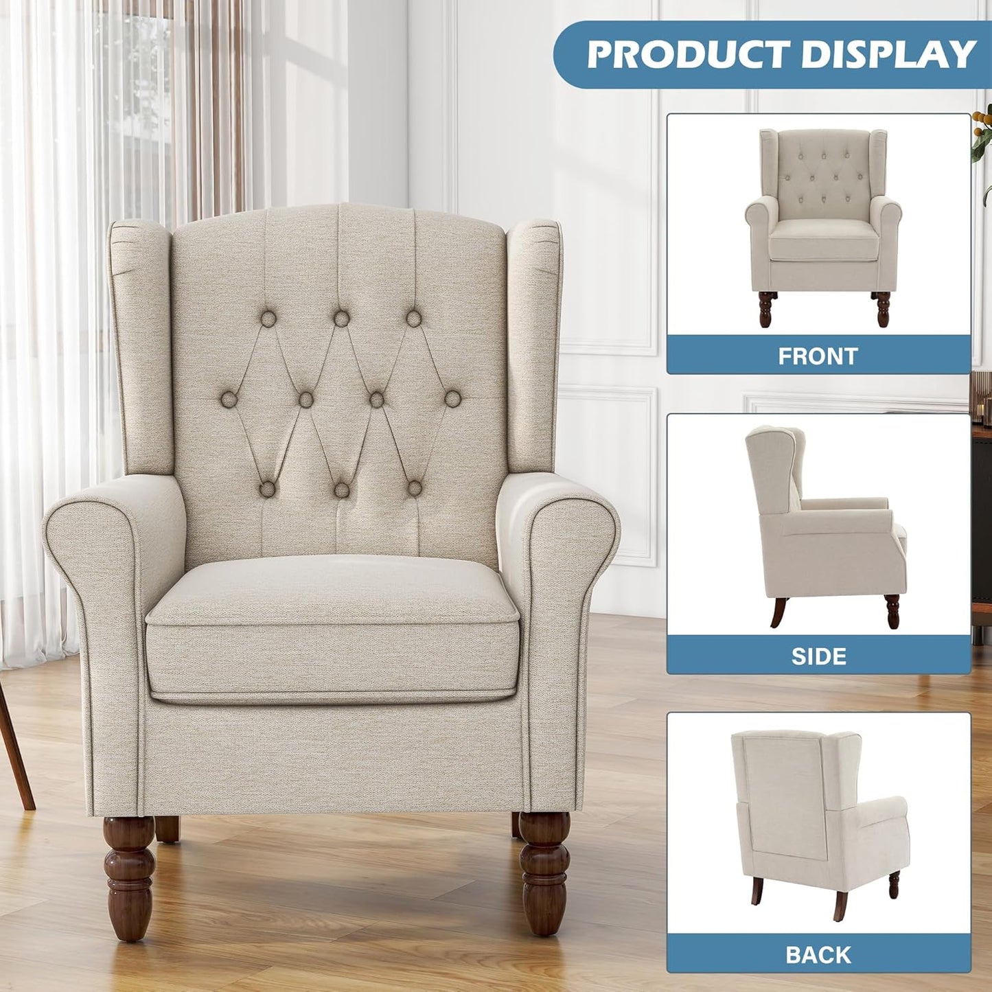 UIXE High Back Accent Chair, Upholstered Armchair in Fabric for Living Room, Retro Wingback Arm Chair Comfy Single Sofa Bedroom Reading Seat with Solid Wood Legs - Beige