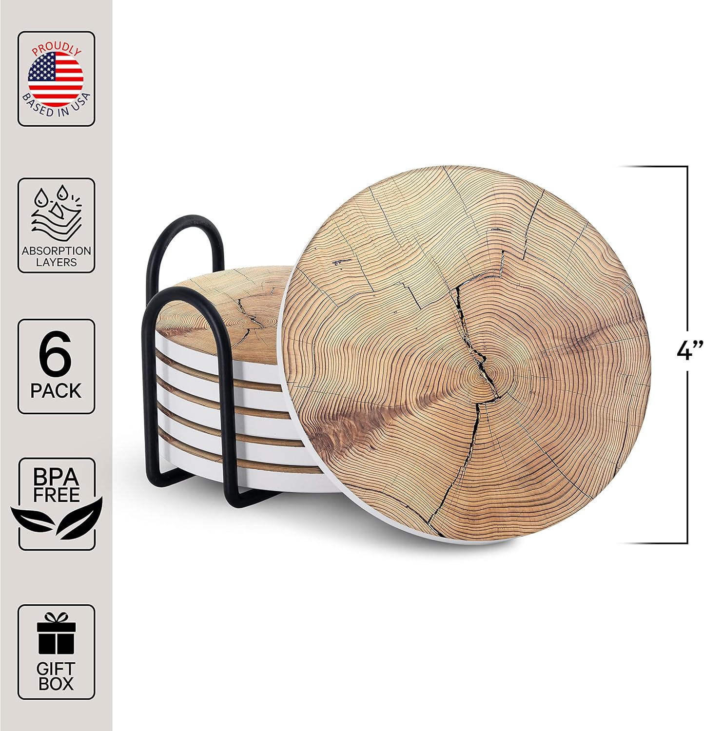 Emerson Coasters for Drinks Absorbent – Natural Stone Drink Coasters Set with Holder, Coasters for Coffee Table, Wooden Tabletop Protection Marble Style – 100% Heavy Duty Set of 6 (Wood)