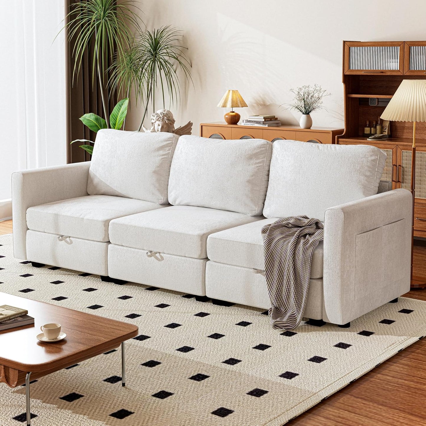 mestyl Modular Sectional Sofa Convertible Sofa Couch Set with Storage for Living Room, Modern 3 Seater Modular Sectional Couch (Beige)