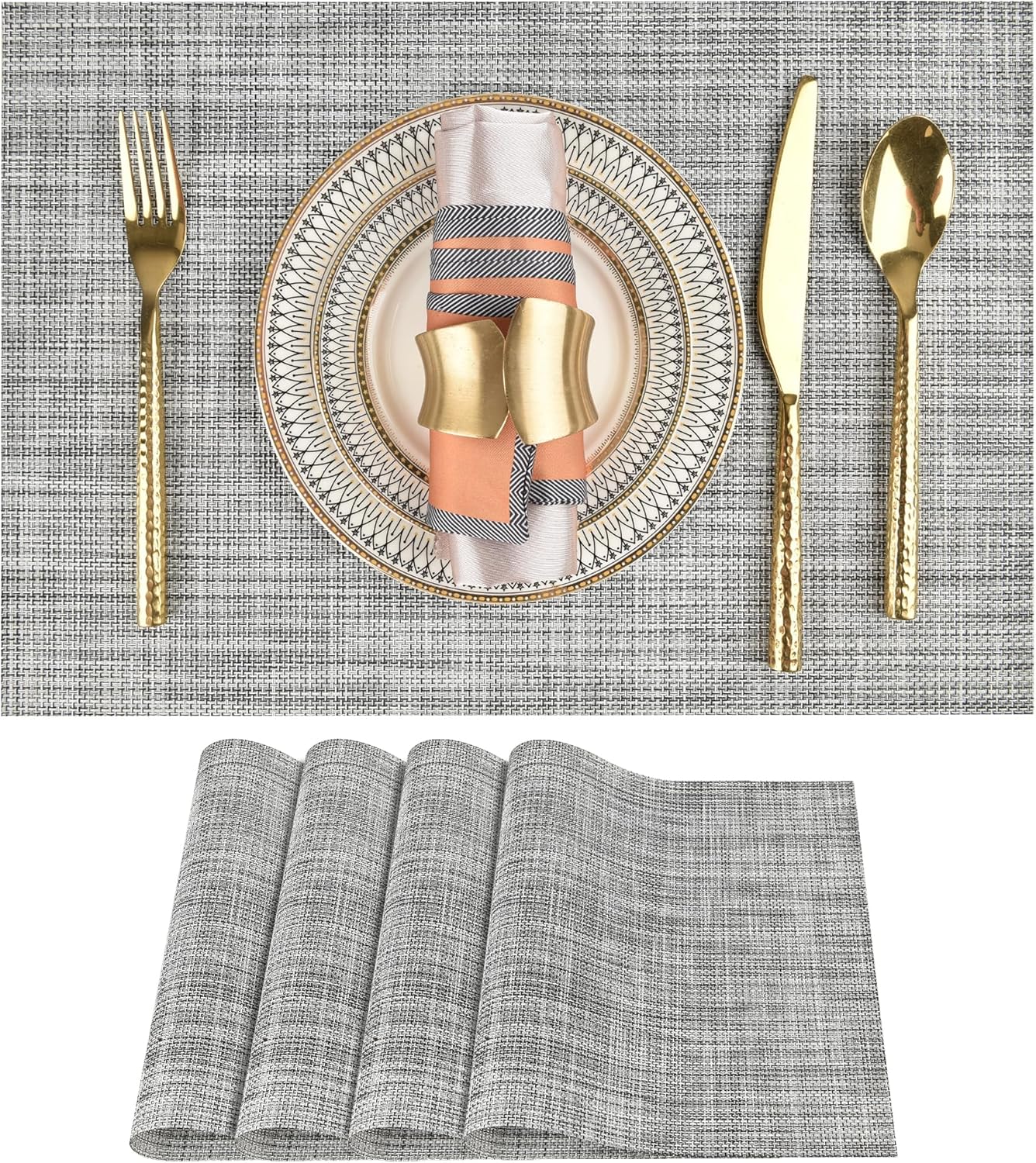 Placemats Set of 4 - Easy Clean Washable Vinyl Placemats - Wipeable Heat Resistant Table Mats for Dining Table - 17.7x11.8 Inch (4, Black & White Two-Tone)