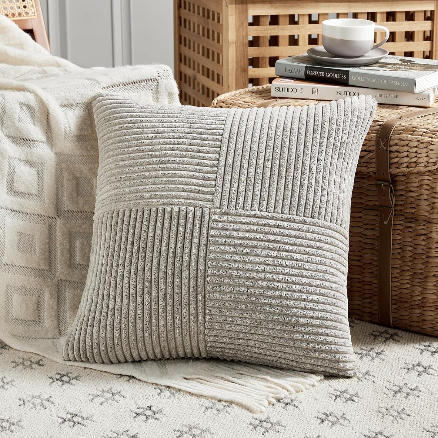 Fancy Homi 2 Packs Neutral Grey Decorative Throw Pillow Covers 22x22 Inch for Living Room Couch Bed Sofa, Rustic Farmhouse Boho Home Decor, Soft Corss Corduroy Patchwork Accent Cushion Case 55x55 cm