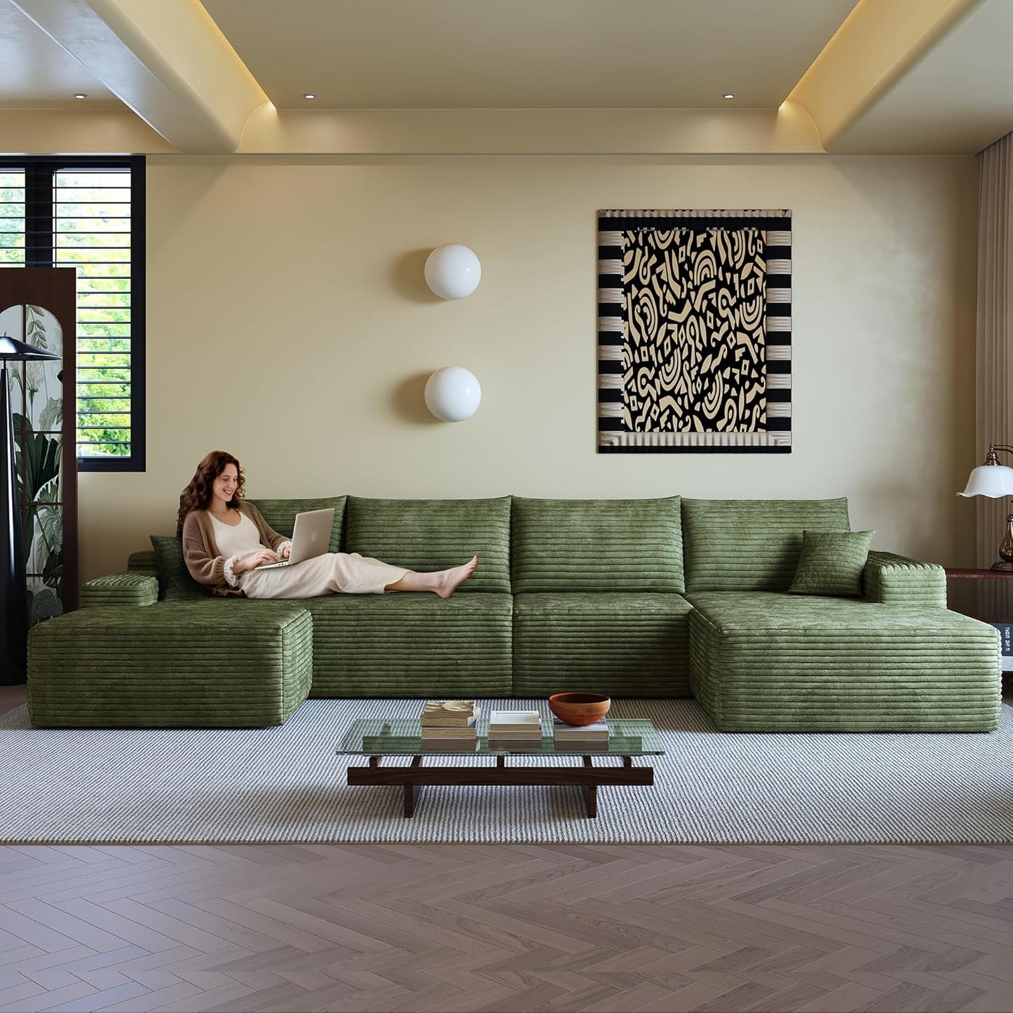 108" Sectional Couches for Living Room Modern Modular Sofa with L-Shape Couchs Upholstered Boneless Couch Deep Seat Sectional Couch with Chaise (Green, Right Facing Chaise+3Seaters+Ottoman)