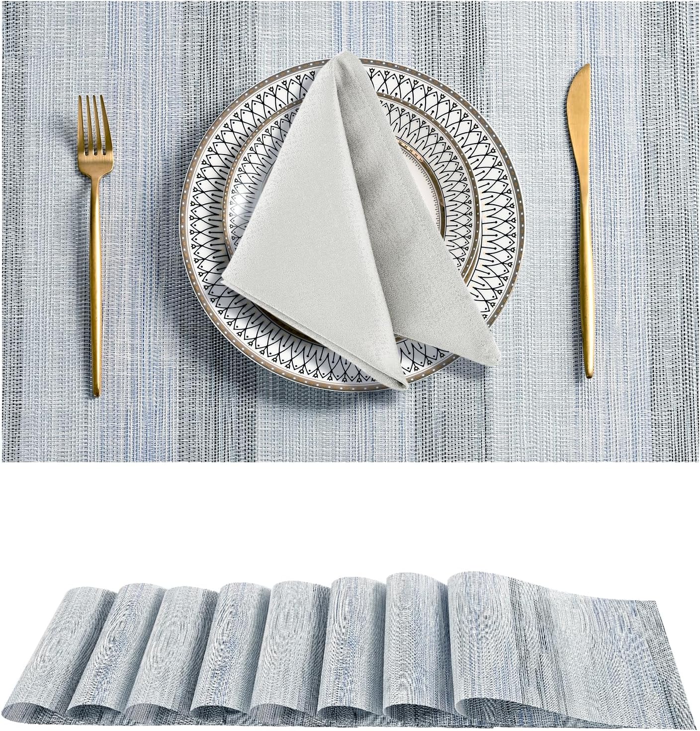 Leetaltree LightSteel Blue Placemats Set of 8 - Heat Resistant Non-Slip Place mats for Dining Table, Washable Durable PVC Vinyl Woven Table Mats（LightSteel Blue, 8）