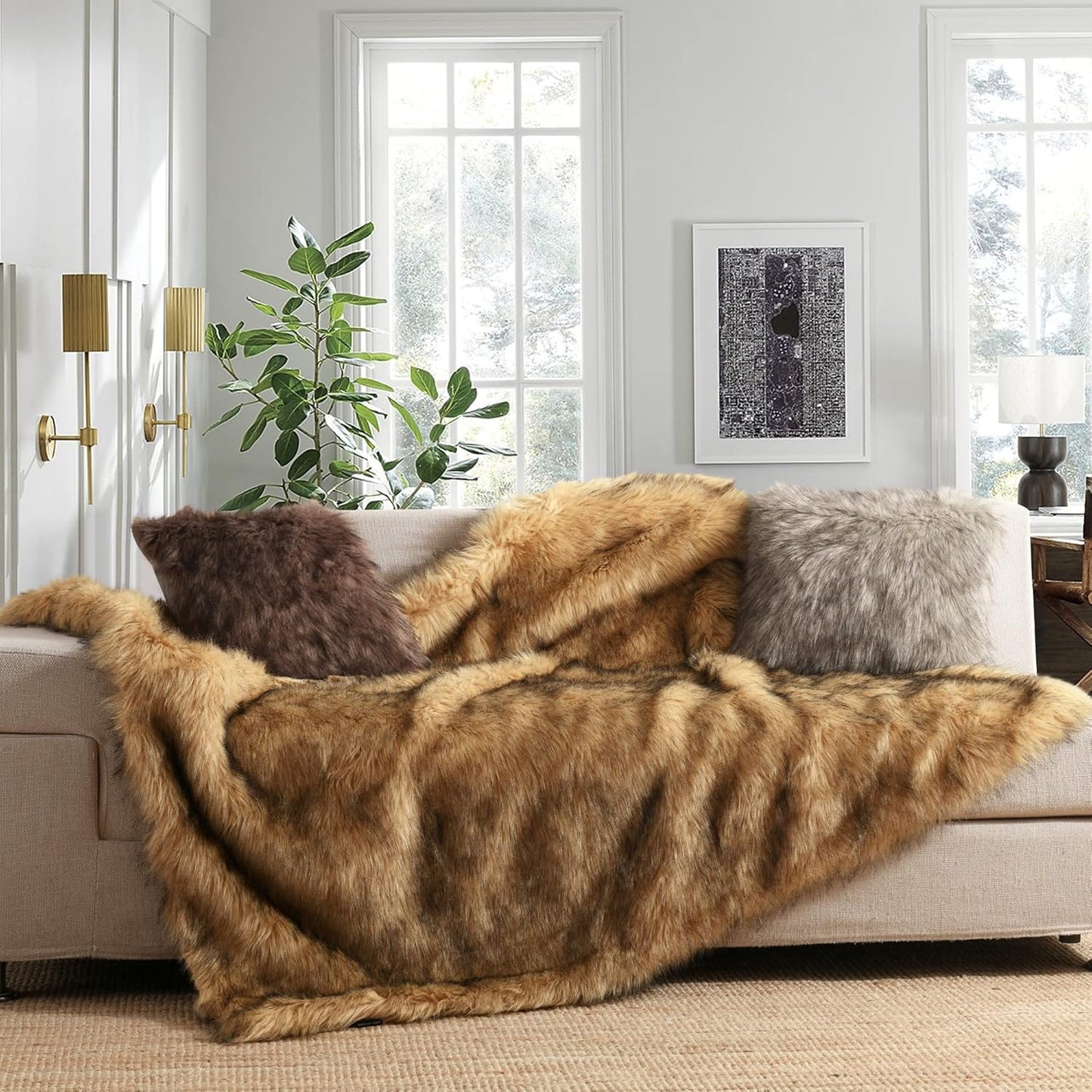 Luxury Plush Faux Fur Blanket Queen Size, Long Pile Golden Yellow with Black Tips Throw, Oversized Super Warm, Fuzzy, Elegant, Fluffy Decorative Blanket for Sofa, Armchair, Couch and Bed, 90"x90"