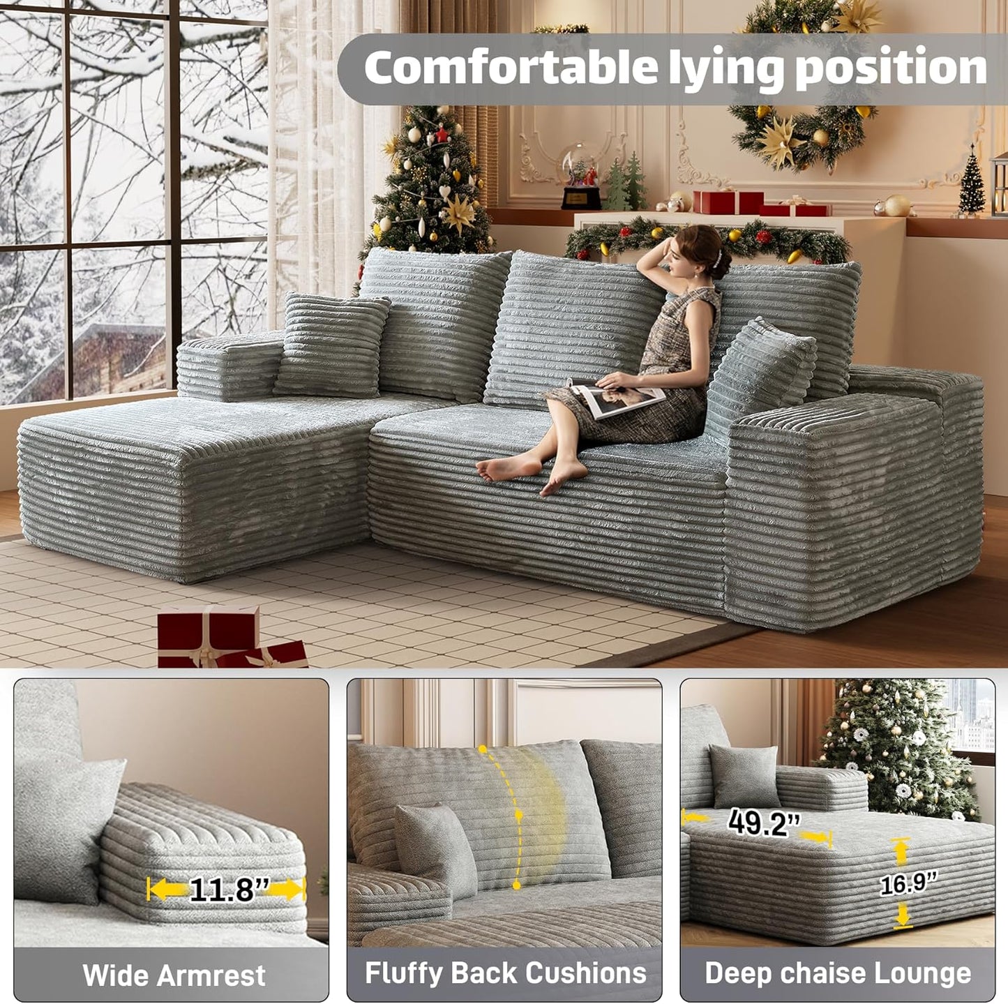 HYJT-H&K Modular Sectional Sofa Cloud Couch, 107" Comfy L Shaped Sectional Couches for Living Room, Deep Seat Memory Foam Plush Fluffy Corduroy Boneless Couch Sectionals Left Facing Sofa Chaise Grey