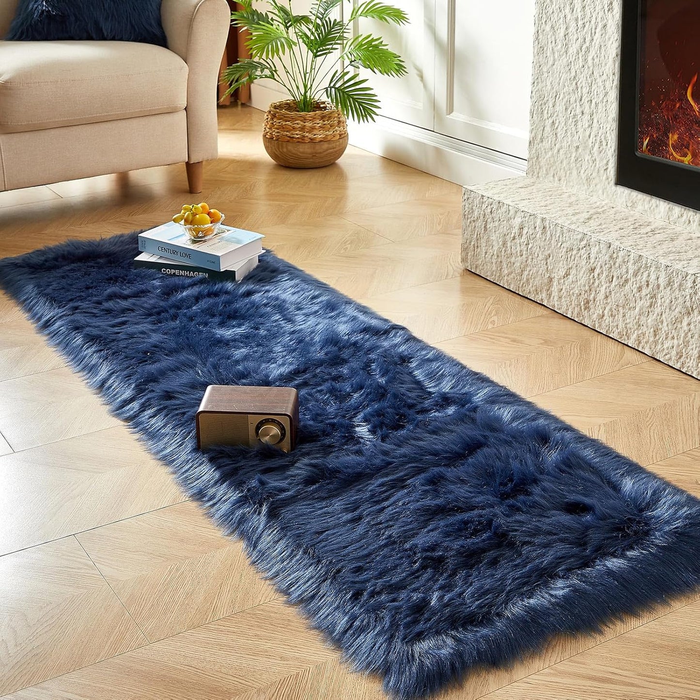 AMTOVO Faux Fur Rug, Dark Blue Ultra Soft Fluffy Shag Sheepskin Rug, 2 x 6 ft Runner Area Rugs for Bedroom Sofa Throw Cushion Room Decor, Rectangle