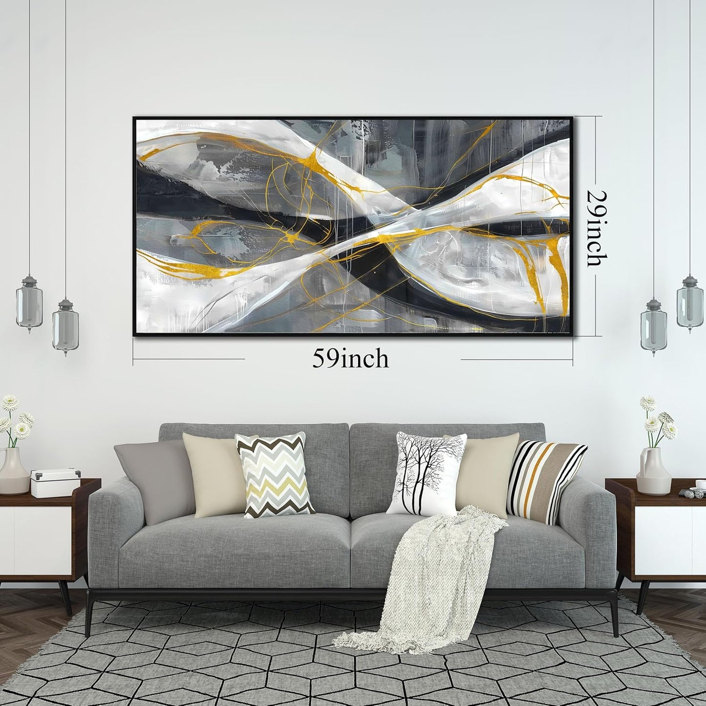 Ouzzlie Abstract Wall Art Grey Wall Decor for Living Room Large Canvas Art Picture Gold Artwork 29" x 59"