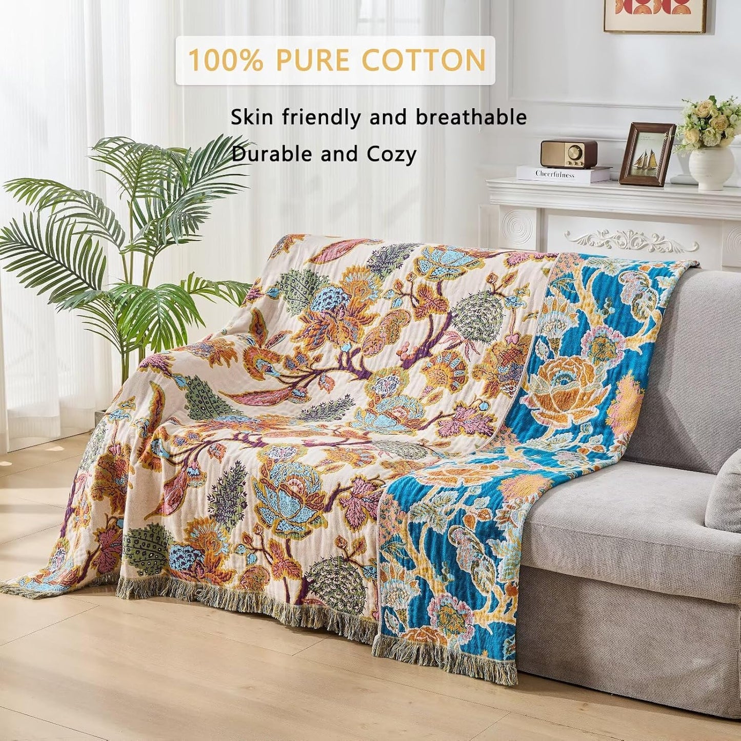 100% Cotton Summer Boho Throw Blanket, King Size Living Room Reversible Blanket, Boho Floral Bird Colorful Retro Quilt Ultra Soft Reversible Gauze Blanket for All Season, 90"x98"