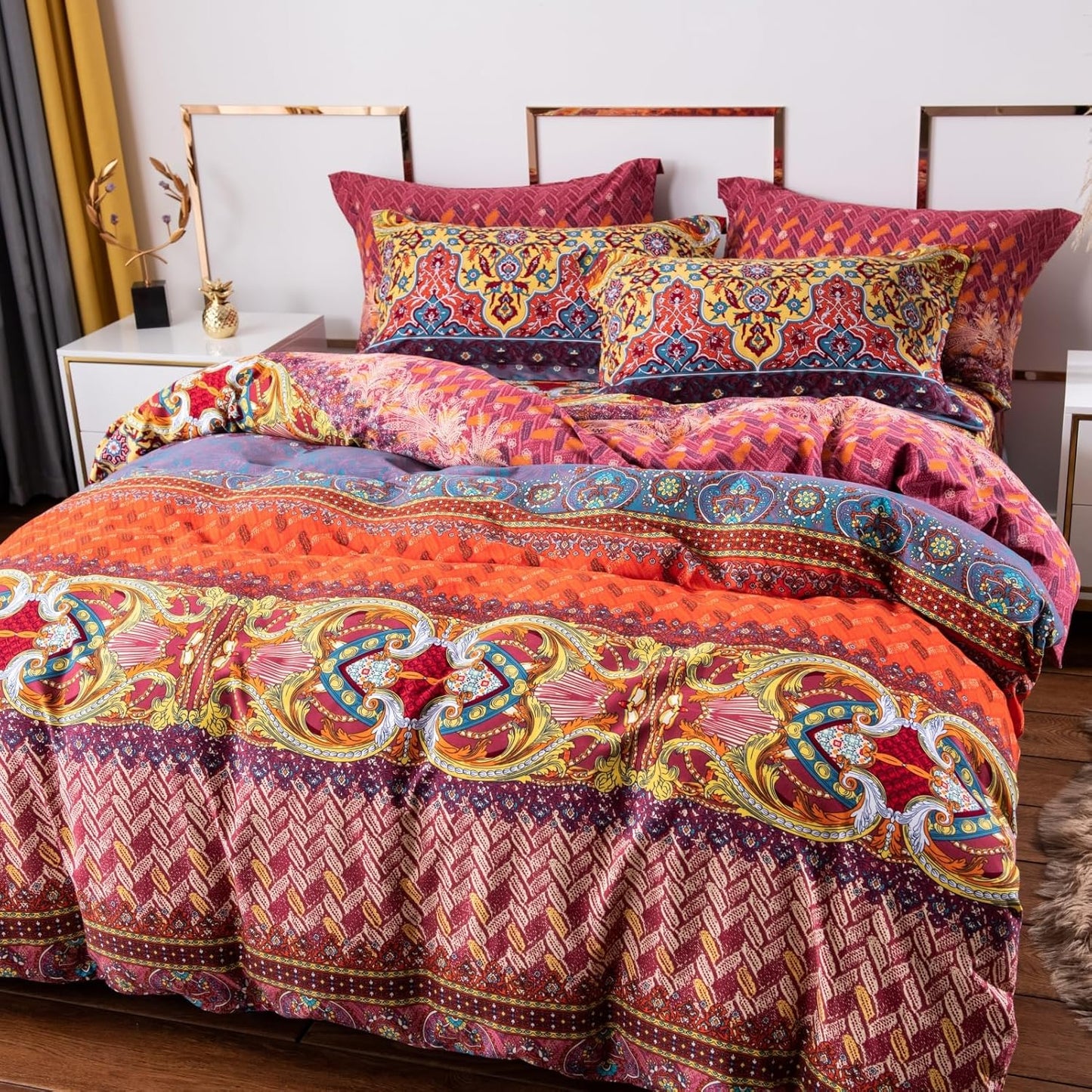 ABREEZE Bohemian Duvet Cover Set Colorful Orange Boho Retro Bedding Set Damask Paisley Cotton Duvet Cover Tribal Reversible Bedding Exotic Style Comforter Cover 3-Piece Queen