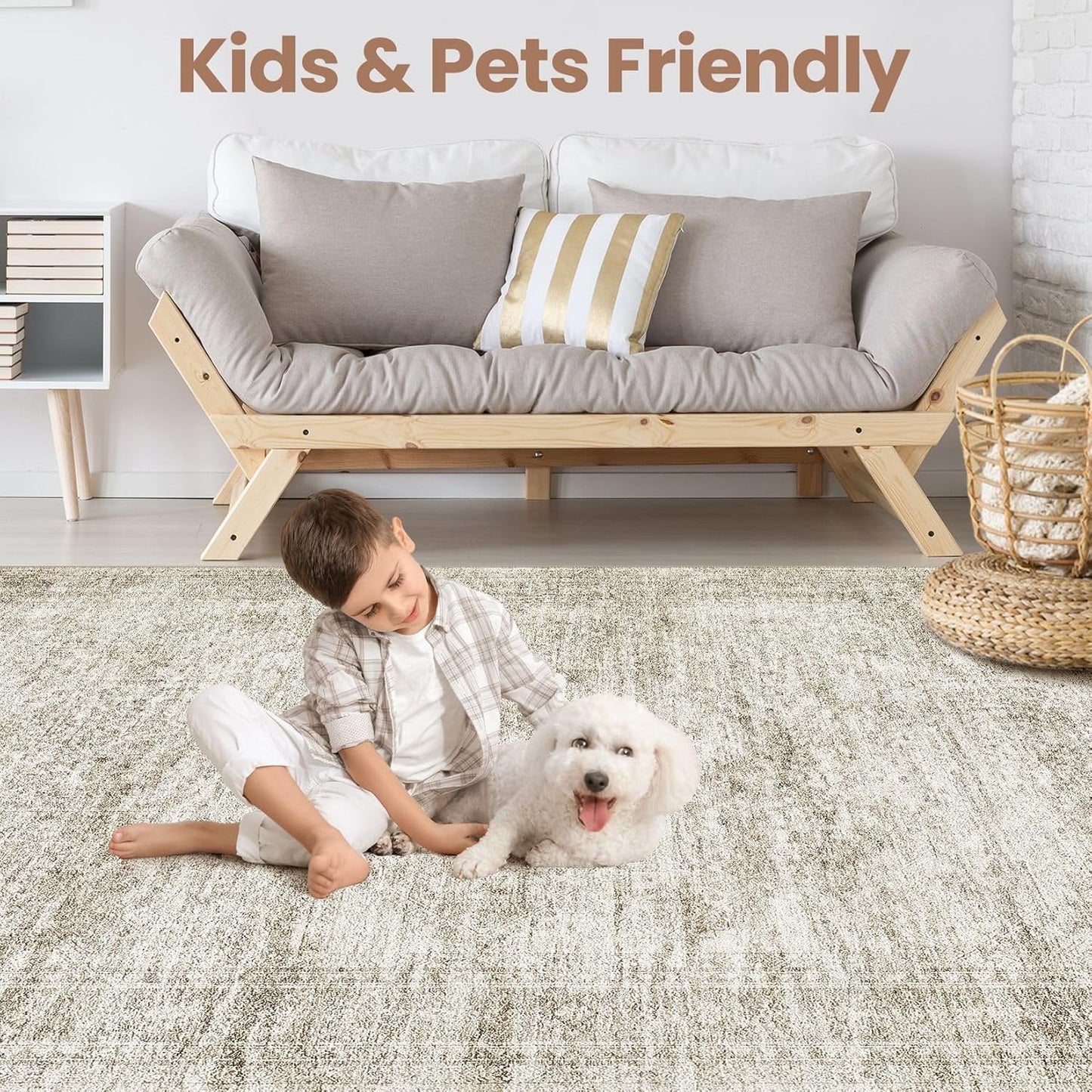 Washable Area Rugs for Living Room -5x7 Neutral Vintage Distressed Floral Farmhouse Boho Large Soft Floor Rug Indoor Non Slip Carpet for Living Room Bedroom Dining Room Office-Beige