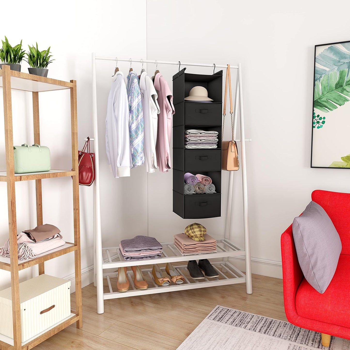 MAX Houser 6 Tier Shelf Hanging Closet Organizer, Closet Hanging Shelf with 2 Sturdy Hooks for Storage, Foldable (Black-D3)