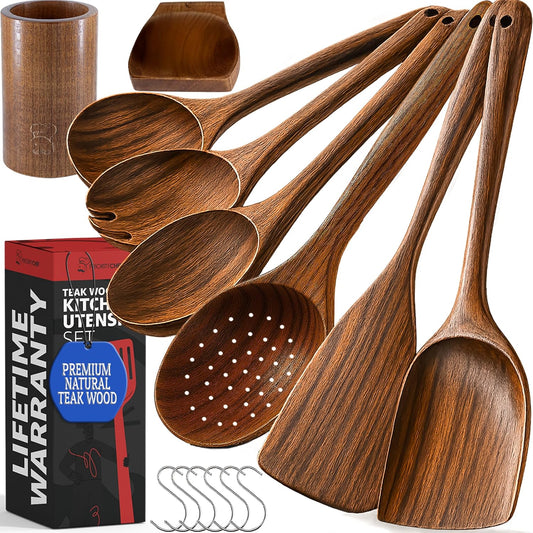 PriorityChef Premium Wooden Spoons for Cooking - 6pc with Utensil Holder, Spoon Rest and Hanging Hooks, Smooth Finish Teak Wooden Utensil Set, Heat-Resistant & Nonstick Safe, Ideal for Gifting