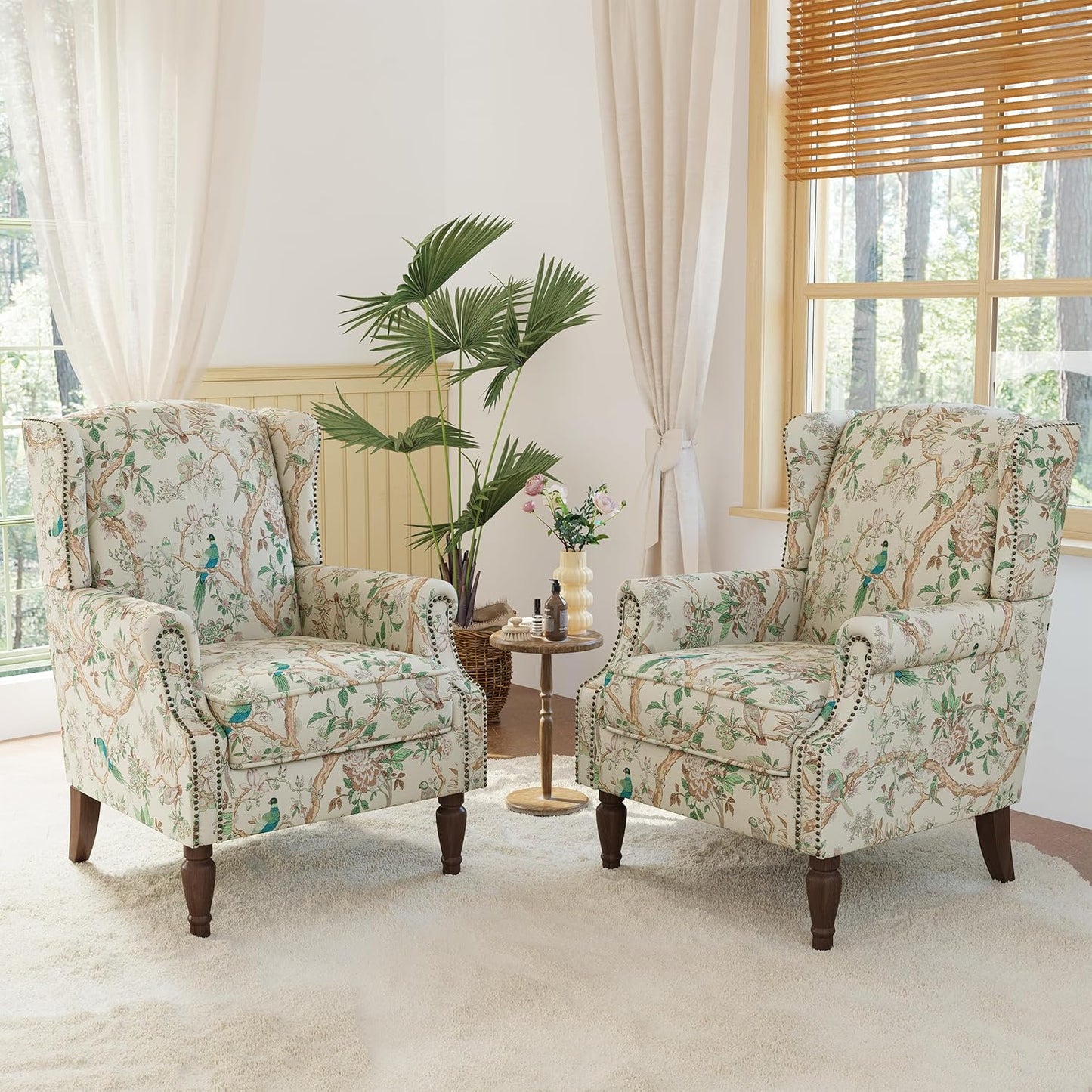 Lumibee Wingback Accent Chair, 2 Set High Back Floral Armchairs in Fabric,Comfy Upholstered Reading Single Sofa Chairs with Solid Wood Legs for Living Room,Bedroom,Office-Bird