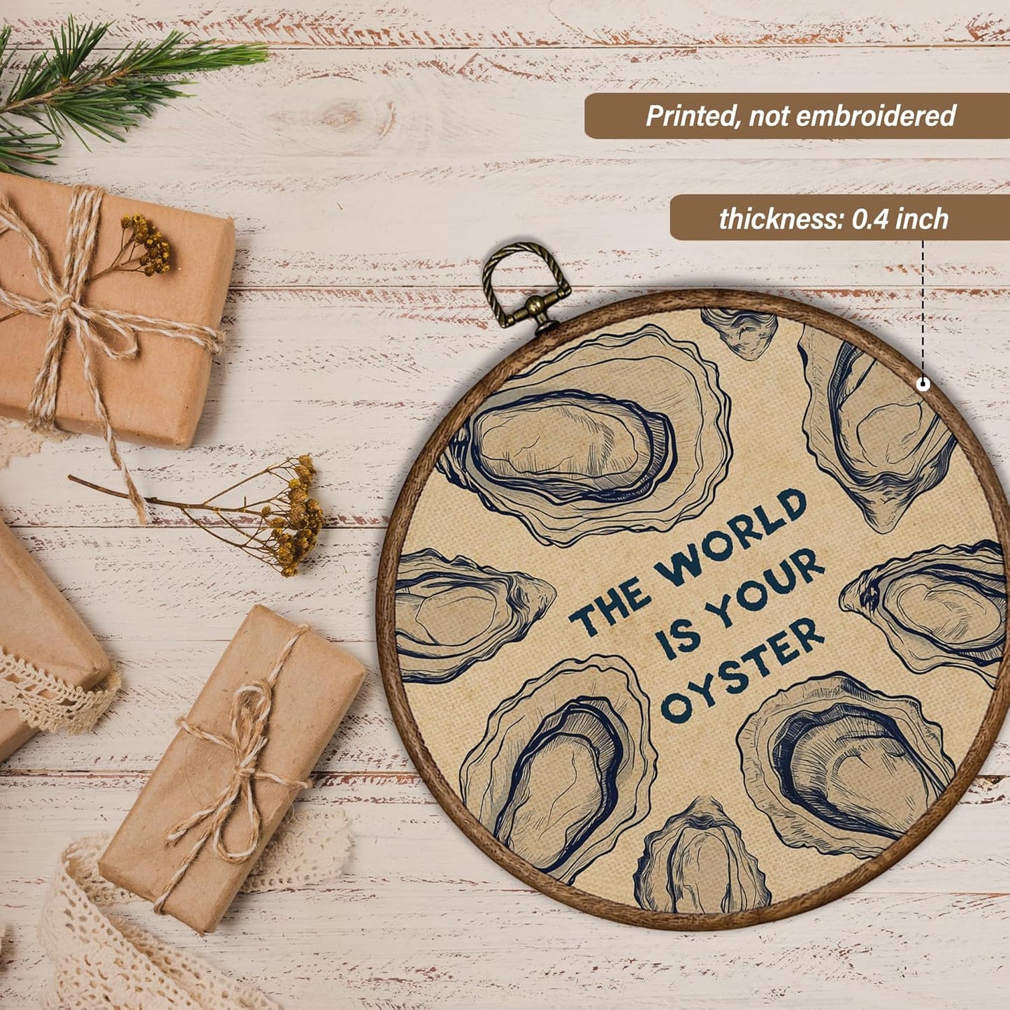 XBBMGG Oyster Wall Art Decor, Coastal Vintage Oyster Shell Round Wall Hanging Decor, Beach Ocean Nautical The World Is Your Oyster Framed Canvas Prints for Living Room Bathroom Decorations, 10x10inch