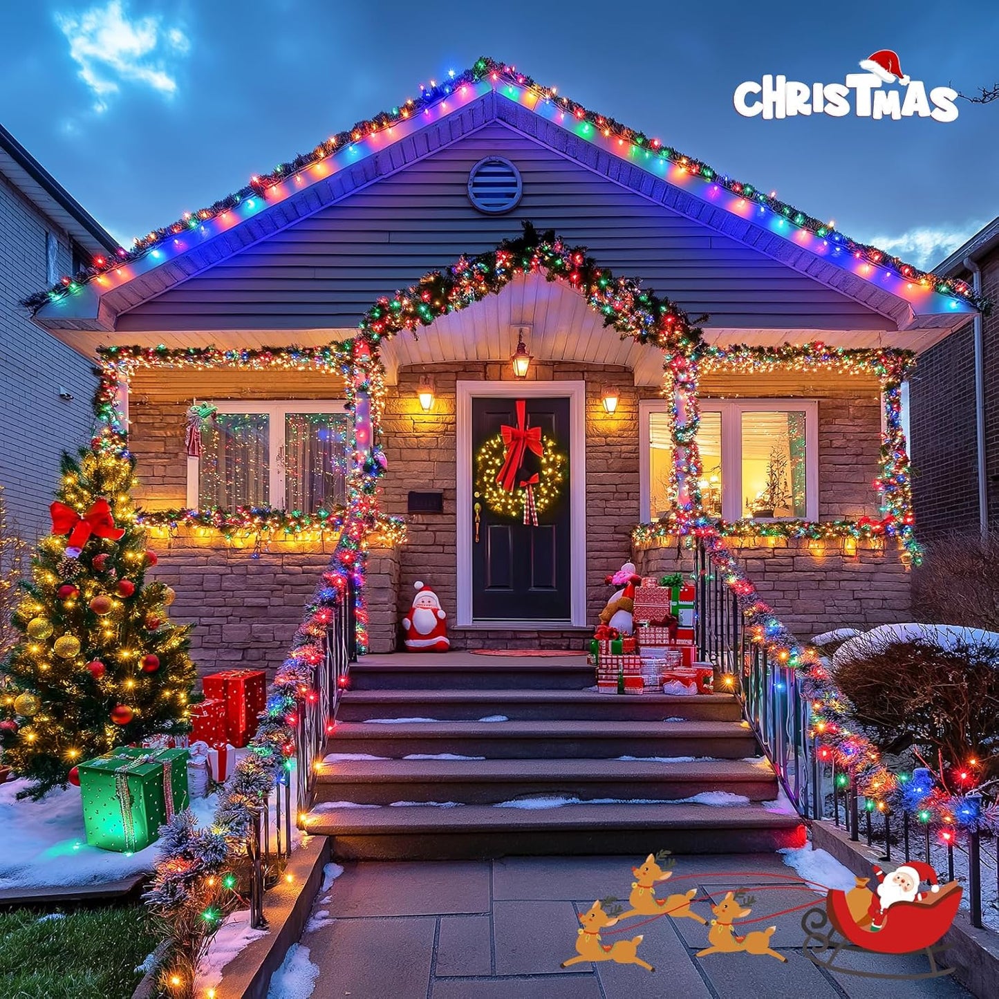 JMEXSUSS 2 Pack Warm White & Multicolor Solar Christmas Lights Outdoor, Each 100 LED 33ft Solar Color Changing Lights Outdoor Waterproof for Christmas Tree Decorations