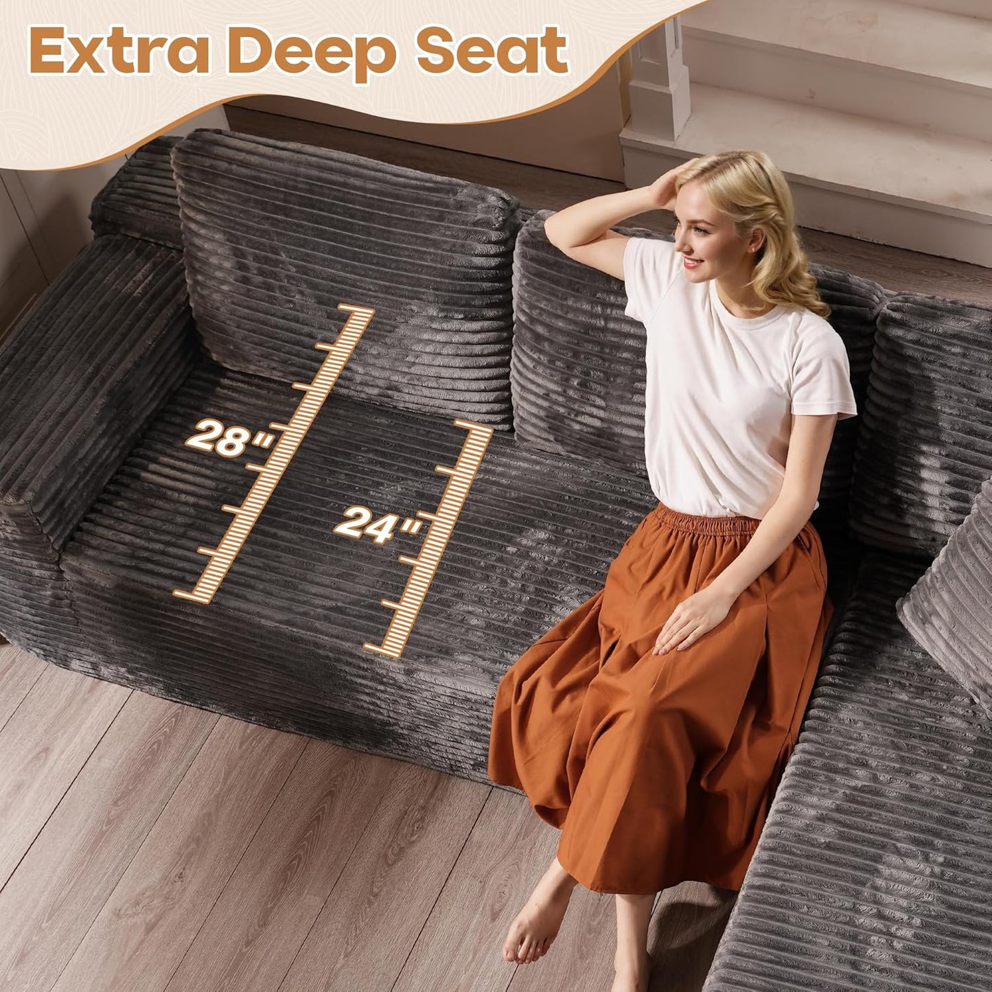 Cloud Sectional Couches for Living Room,U Shaped Modular Sofas No Assembly,135x107 Inches Plush Corduroy Oversized Floor Couch Set with Deep Seat Chaise,Grey