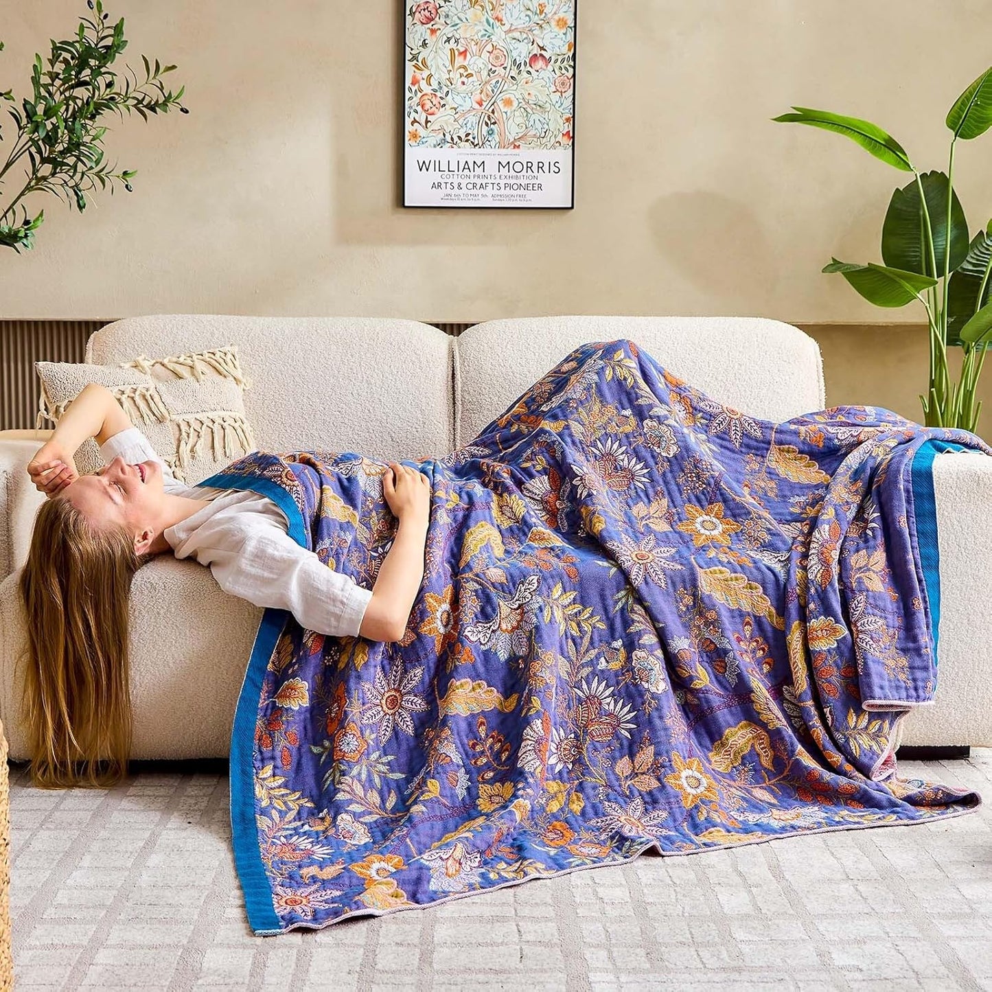 Boho Blanket, 100% Cotton Farmhouse Decorative Throw Blanket, 80"x90" Reversible Bohemian Throw Blanket, Purple All Season Muslin Breathable Woven Blankets Quilt