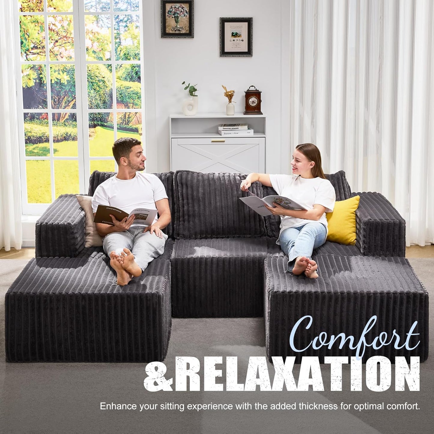 Hobestluk Modular Sectional Sofa Memory Foam Couch Oversized Sectional Sofa 3-Seater with Chaises Cloud Couch with Removable Cover U Shaped Sofa for Living Room (Strip Grey, U Shape)