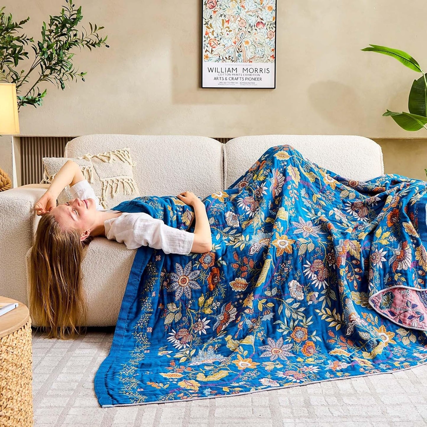 Fall Throw Blanket for Couch, Blue Boho Decorative Throw Blanket, 100% Cotton Muslin Breathable Woven Farmhouse Blankets Quilt, 90"x98" Reversible Lightweight Blankets Bohemian Throw Quilt