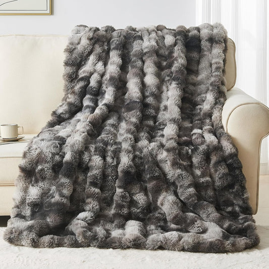 Lotus Karen Faux Fur Blanket Tie-Dye Dark Gray Twin Size - Big Bubble Rabbit Fluff Throw for Couch Small Fluffy Fuzzy Cozy Thick Furry Plush Shaggy Blankets 60x80 Inches