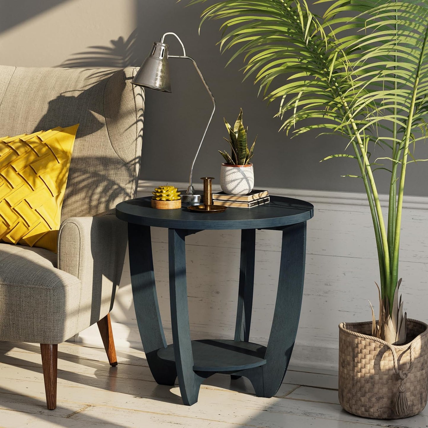 Rustic Farmhouse End Table with Storage Shelf, French Country Accent Side for Family, Dinning or Living Room, Small Spaces, Modern, Round, Vintage Blue Finish, Curved Leg