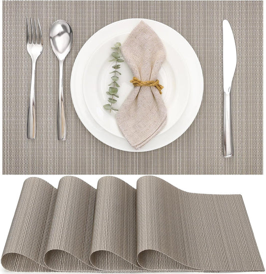 Myir JUN Placemats Set of 4, Vinyl Woven Placemats Place Mats Indoor Set of 4 Washable Table Mats Non-Slip Place mats for Dining Table (Golden Silver, Set of 4)