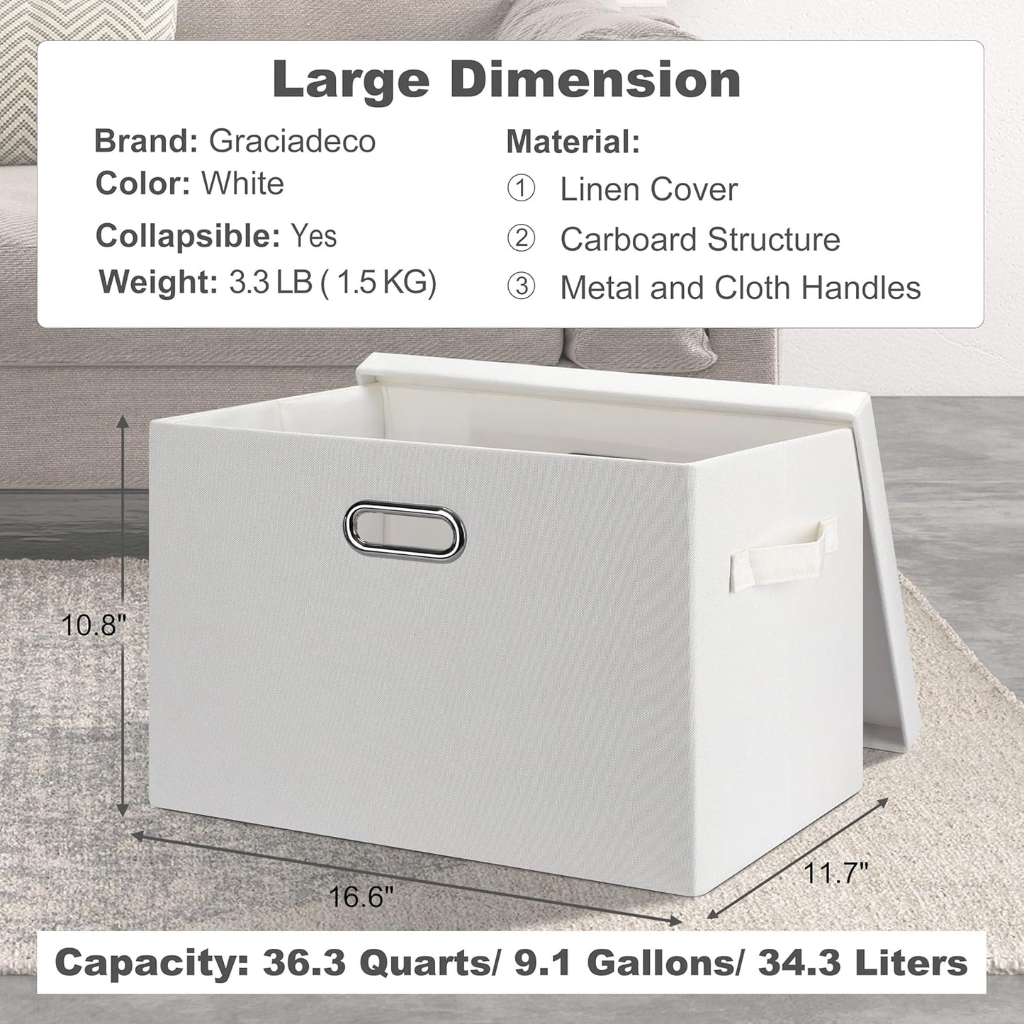 Large 17" 36 Quart Collapsible Stackable Storage Bins with Lids, 5 Packs White Linen Fabric Closet Boxes with Lids, Storage Cube Baskets Container Organizers for Bedroom Office(17 x12 x11)
