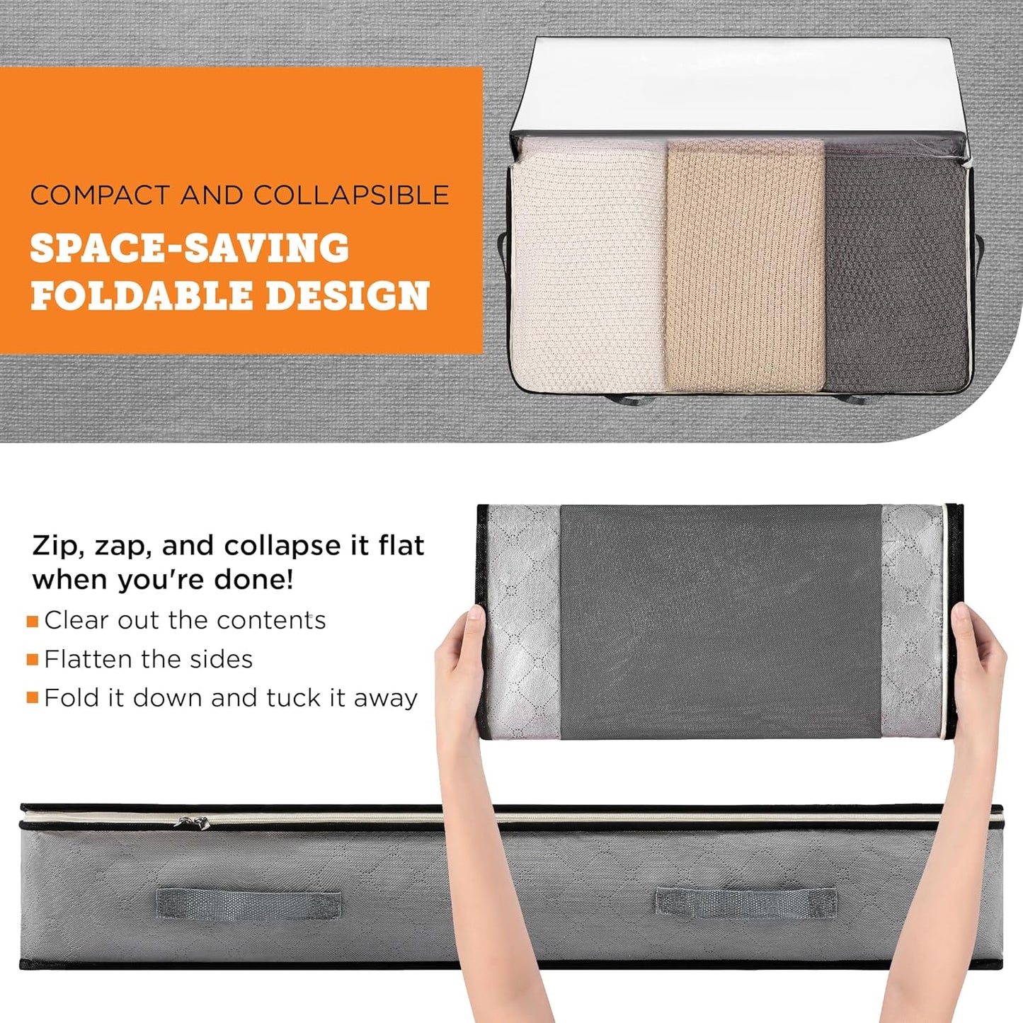 storageLAB Under Bed Storage Containers - Foldable Closet Organizer with Clear Top, Sturdy Handles - 7L Capacity Storage Box for Clothing, Comforter, Blanket, and Shoe - 2 Pack, Soft-Sided, Gray