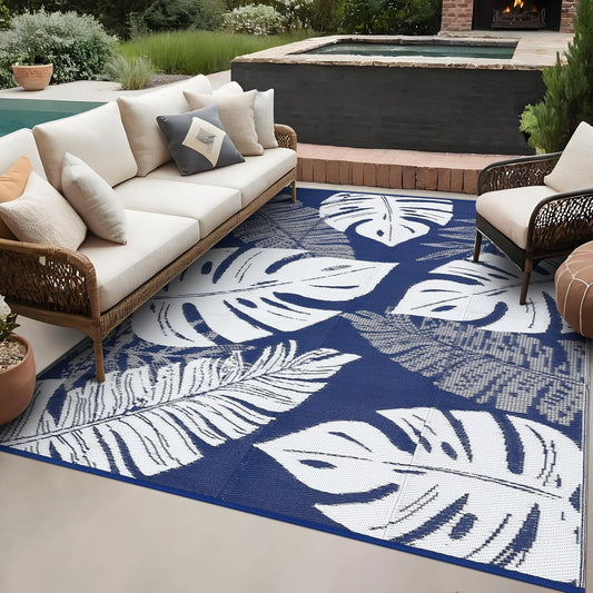 GAOMON Large Outdoor Plastic Rug 10x14 Waterproof Straw Rug Reversible Foldable Camping Mat with Stakes & Bag, Modern Tropical Leaf Farmhouse Outside Carpet for Patio RV Garden Deck, Blue