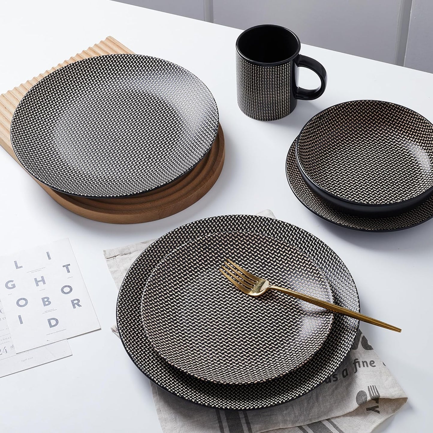 Stone Lain Daisy Stoneware 32-piece Round Dinnerware Set, Brown and Black