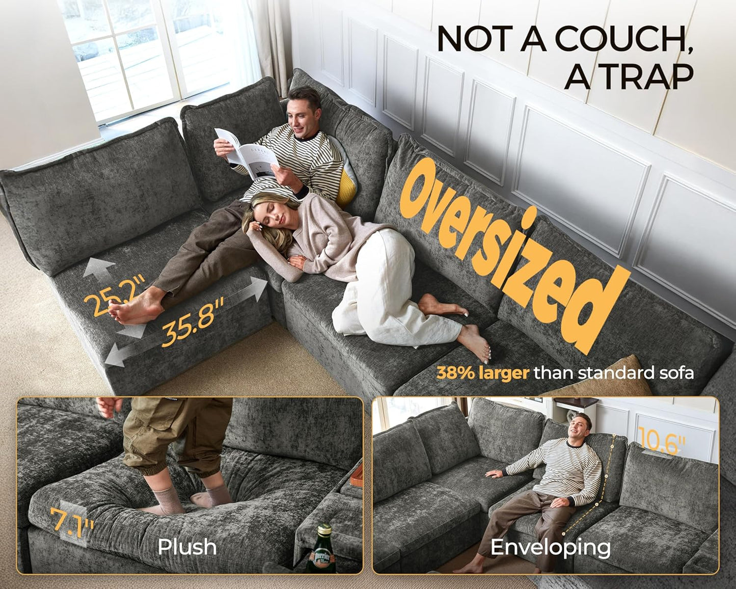 Oversized Modular Sofa Comfy Cloud Couch with Storage, Extra Deep Plush Sectional Sofa Set for Living Room, Covers Washable, Chenille, Olar (Grey, 3-Seater, Basic Shape)