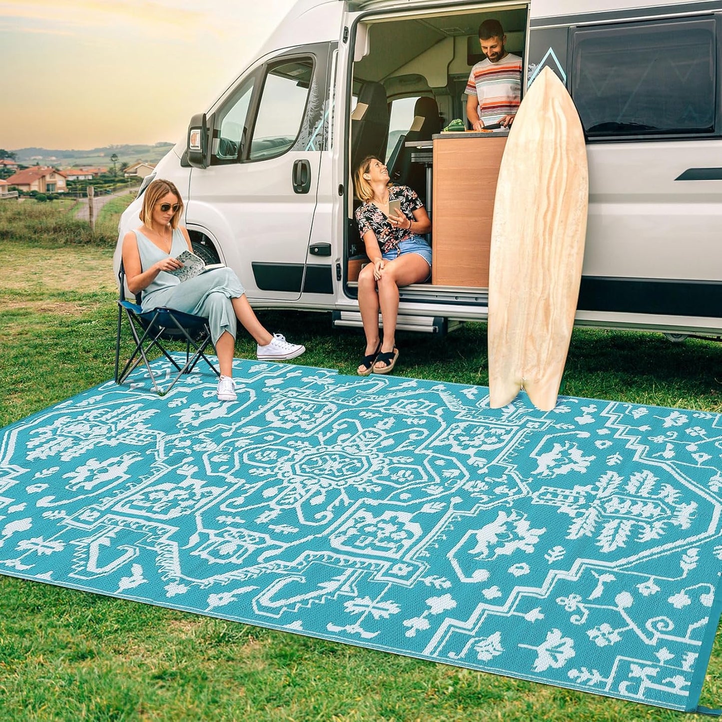 Outdoor Rug 8x10 Waterproof Reversible Plastic Straw Mat, UV-Resistant Vintage Medallion Camping Carpet for Patio, Deck, Balcony, Picnic, Large Outside Floor Mat, Light Blue/White