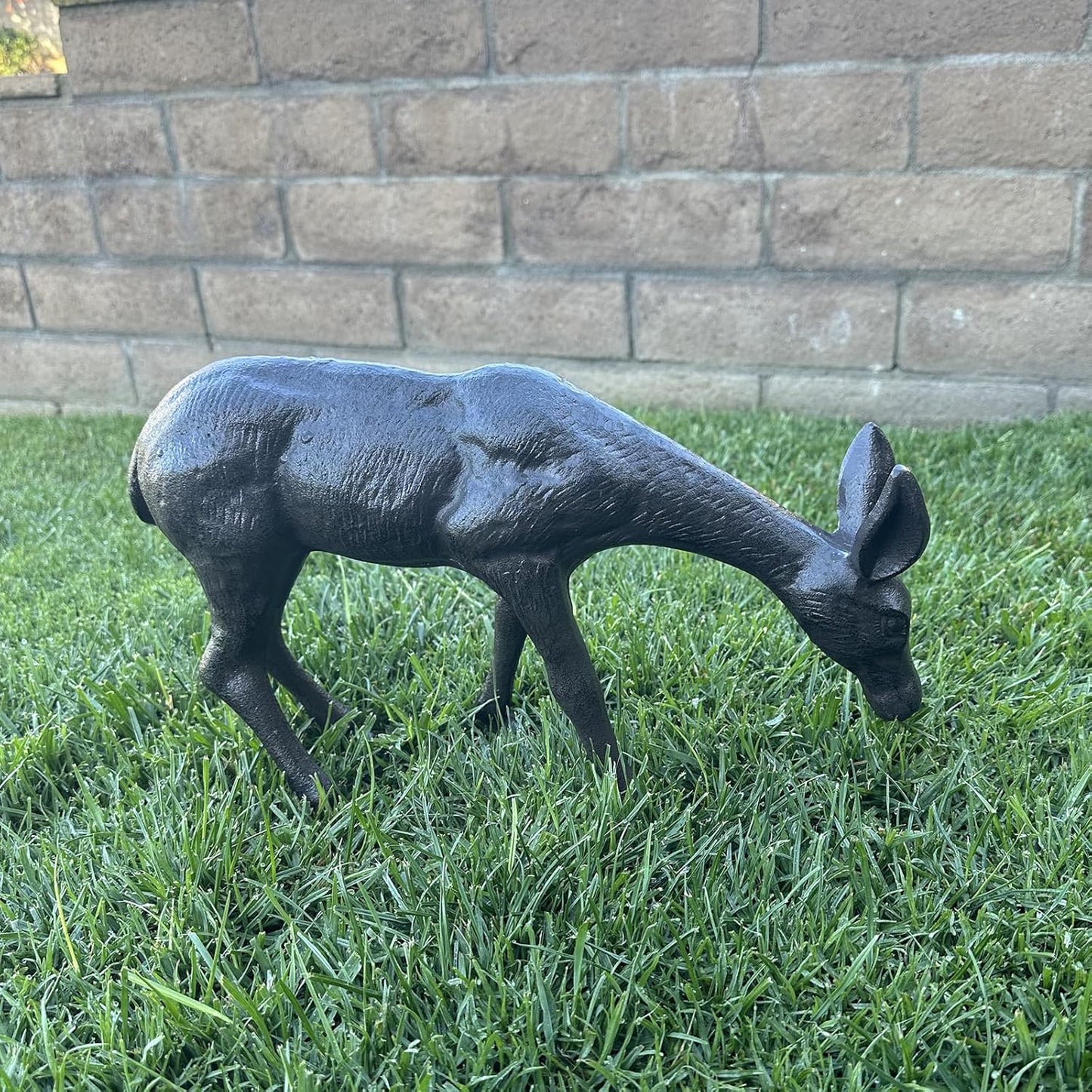 Cast Iron Deer Sculpture（11.4" Tall）, Realistic Lawn Garden Decor Statue, Lifelike Grazing Deer Figure, Outdoor/Indoor Decorative Art, Metal Animal Ornament HC3672