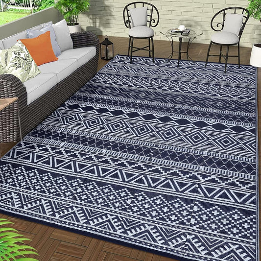 GAOMON Outdoor Rugs Patio Camping Waterproof Rug 6'x9' Plastic Straw Patio Rug Portable for Campers, Outside RVs Mat for Patios Clearance, Backyard Porch, Balcony, Dark Blue/White(Bohemia)