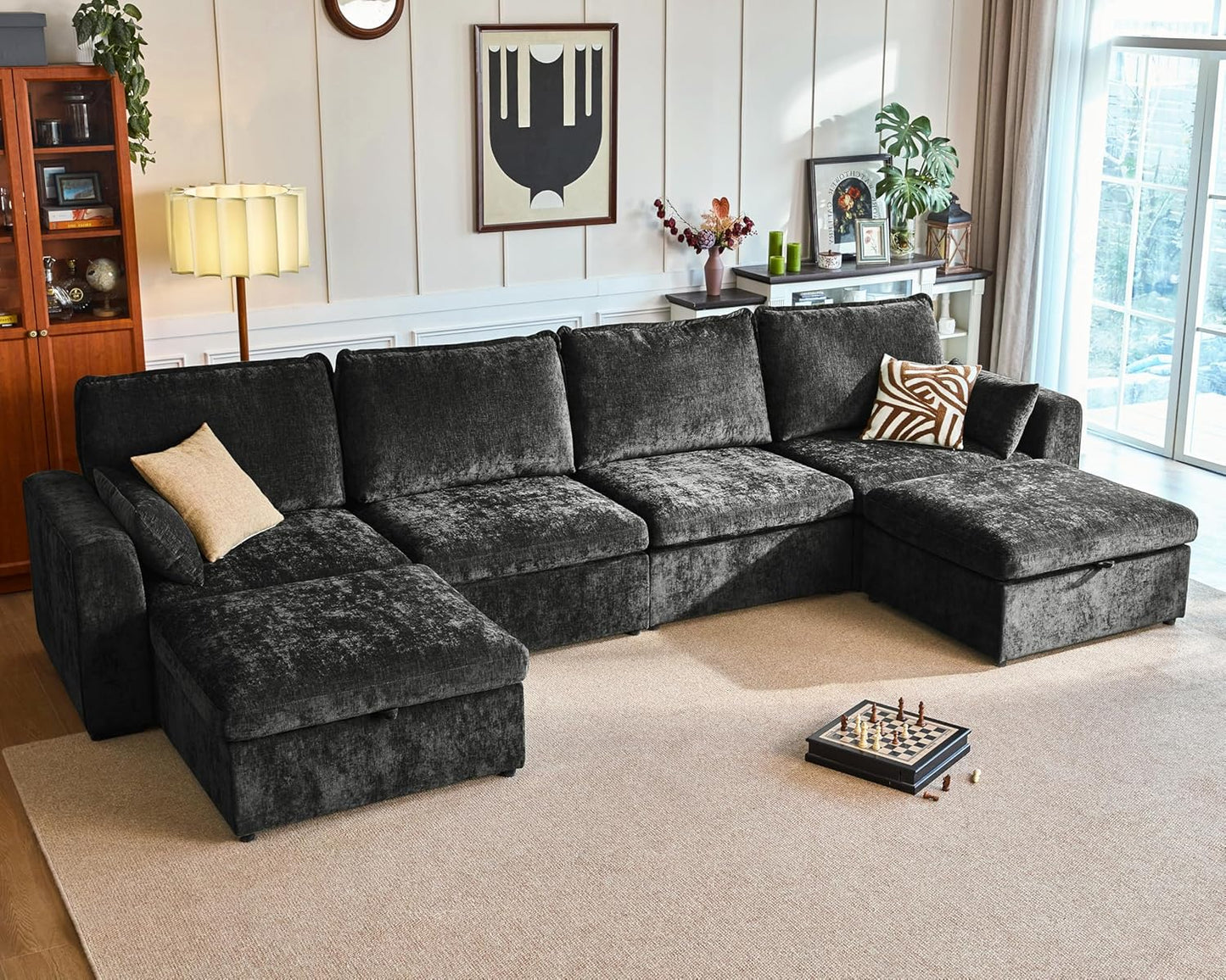 Oversized Modular Sofa Comfy Cloud Couch with Storage, Extra Deep Plush Sectional Sofa Set for Living Room, Covers Washable, Chenille, Olar (Black, 6-Seater with 2 Ottomans, u-Shaped)