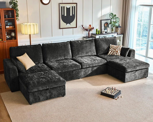 Oversized Modular Sofa Comfy Cloud Couch with Storage, Extra Deep Plush Sectional Sofa Set for Living Room, Covers Washable, Chenille, Olar (Black, 6-Seater with 2 Ottomans, u-Shaped)