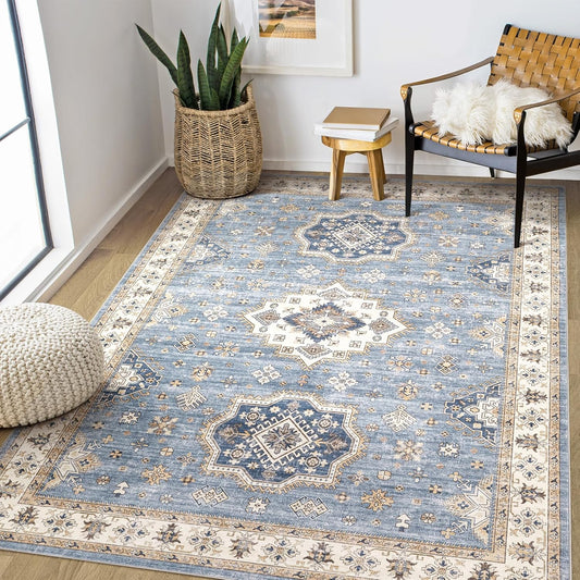 Washable Area Rugs for Living Room - 5x7 Neutral Vintage Distressed Floral Farmhouse Boho Large Soft Floor Rug Indoor Non Slip Carpet for Living Room Bedroom Dining Room Office - Blue