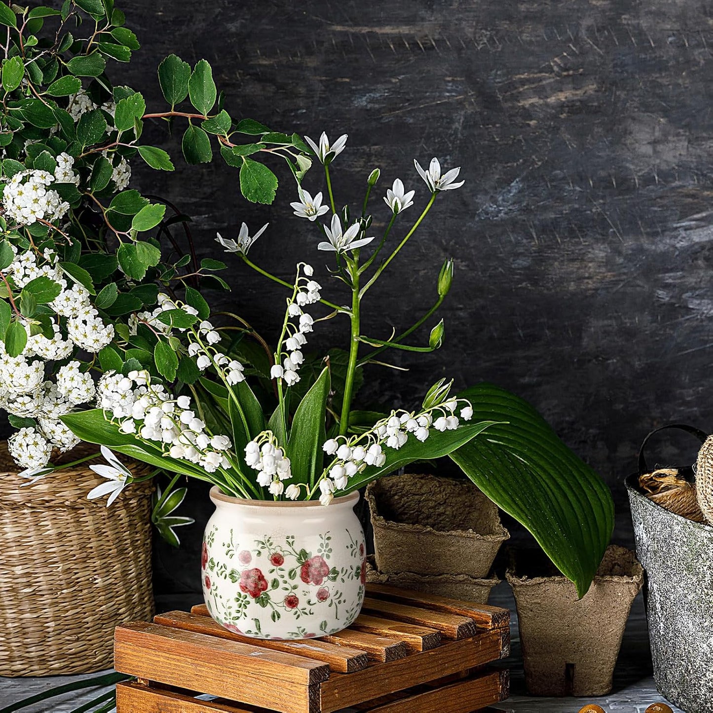 1 Pcs Vintage Planter Large Ceramic Plants Pot Red Plum Crack Cottage Scroll Vase Flower Vase Pot Indoor Plants Home Kitchen Decor Farmhouse Antique Decorative Gift